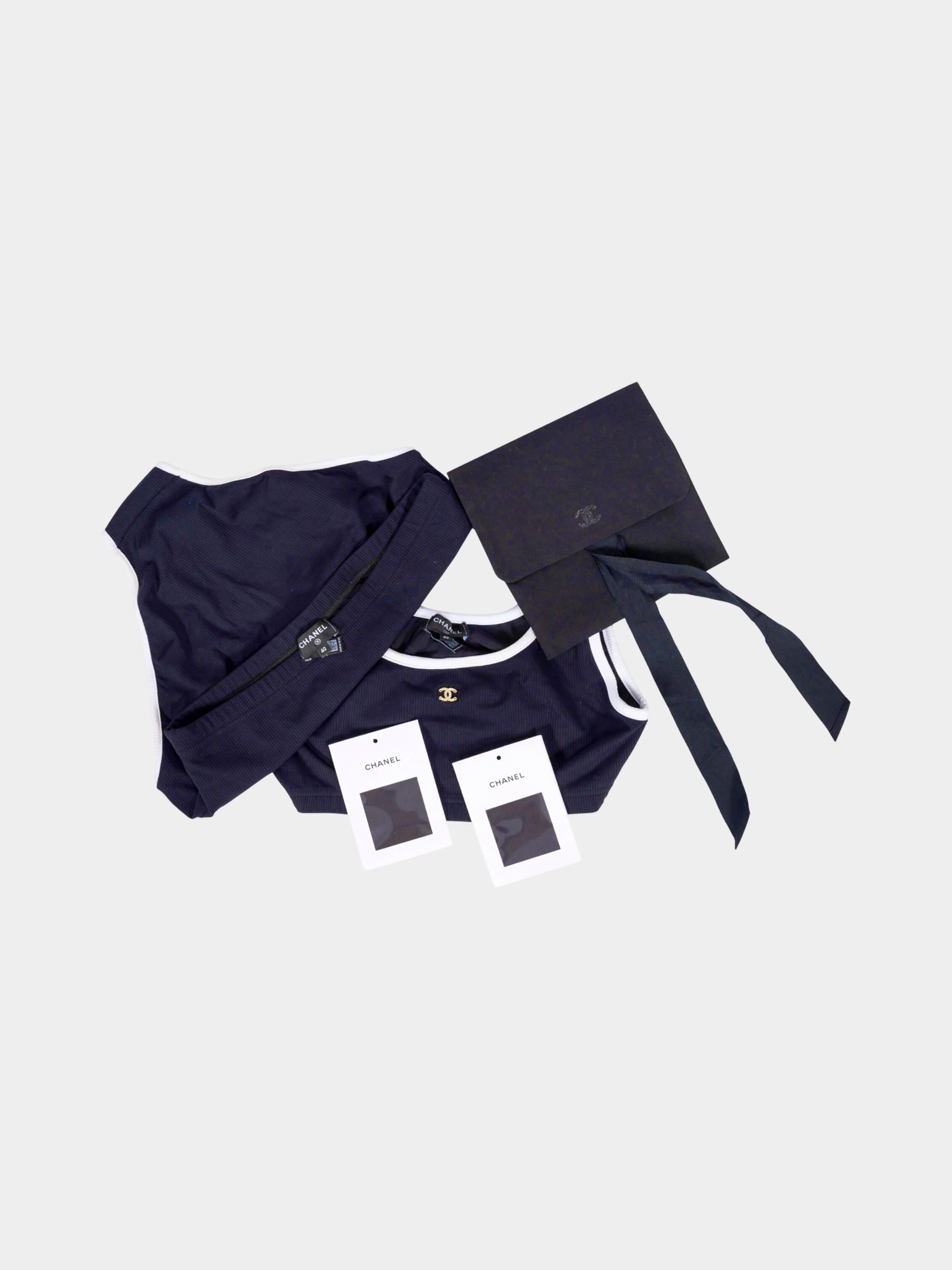 Chanel SS 2022 Navy and White CC Rhinestone Two Piece Swimsuit - Image 3