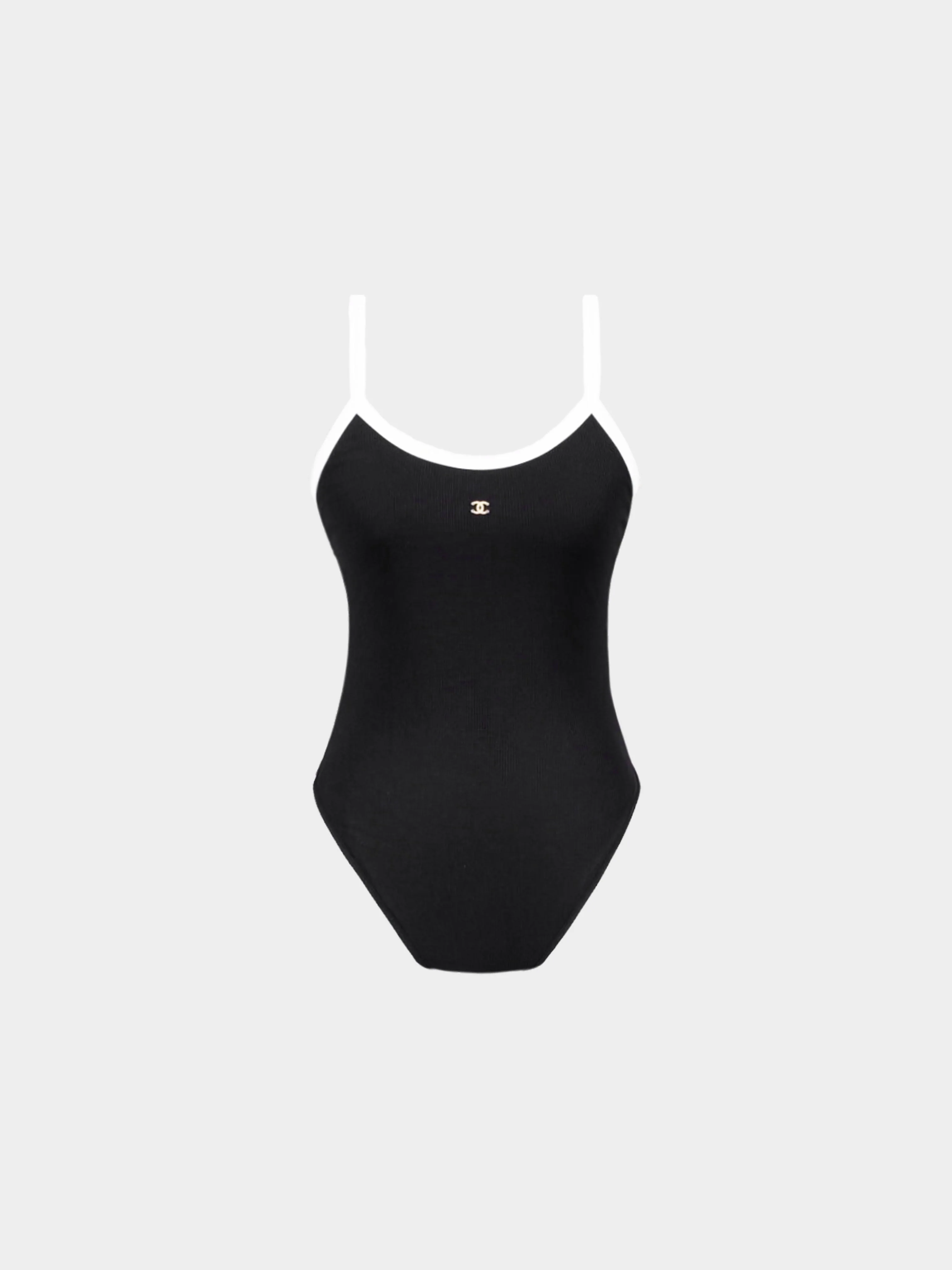 Chanel SS 2022 Runway Black and White CC Rhinestone One Piece Swimsuit