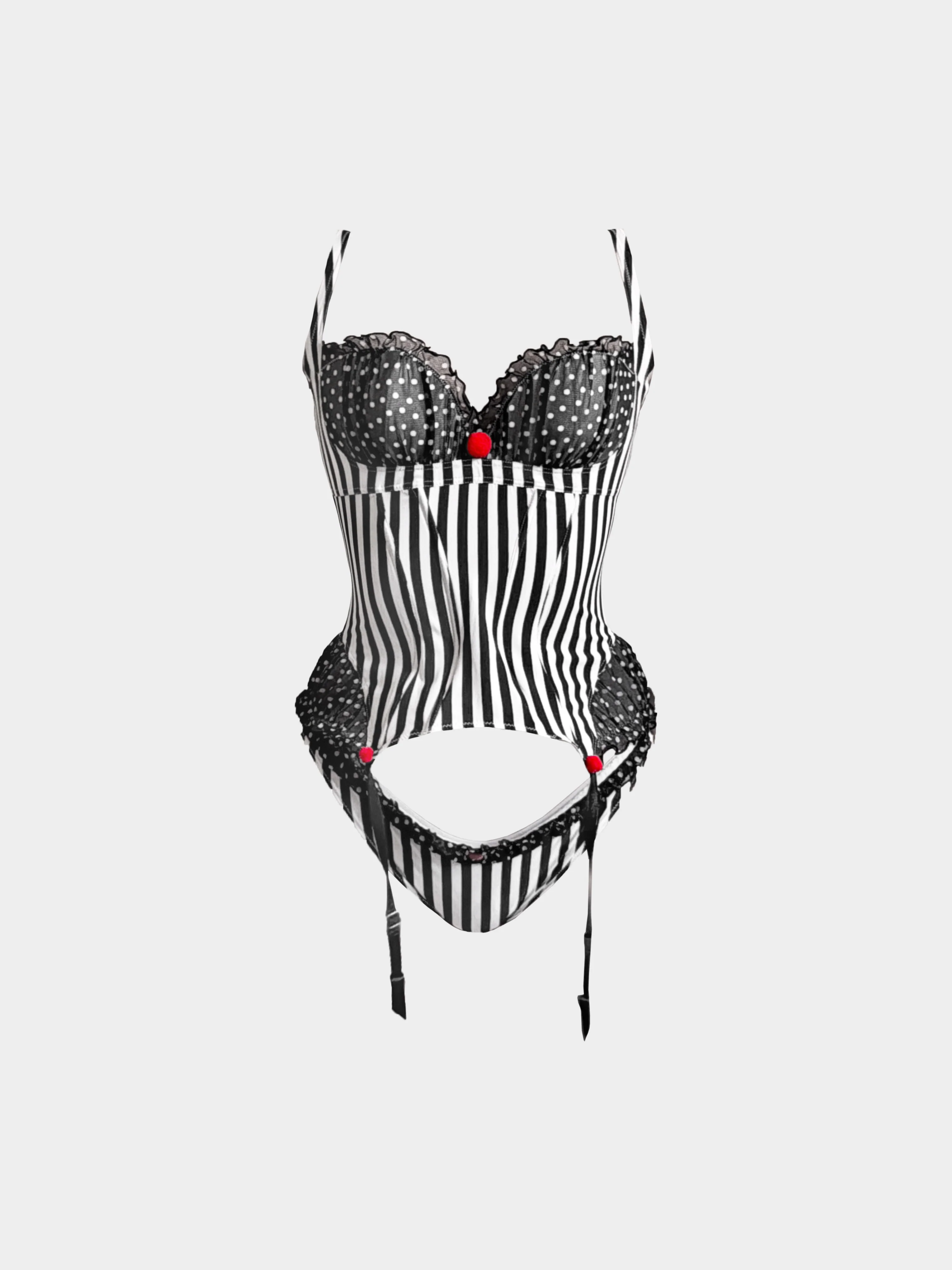 Chantal Thomass 2000s Black and White Stripe and Polka Dot Balconette Lingerie Set