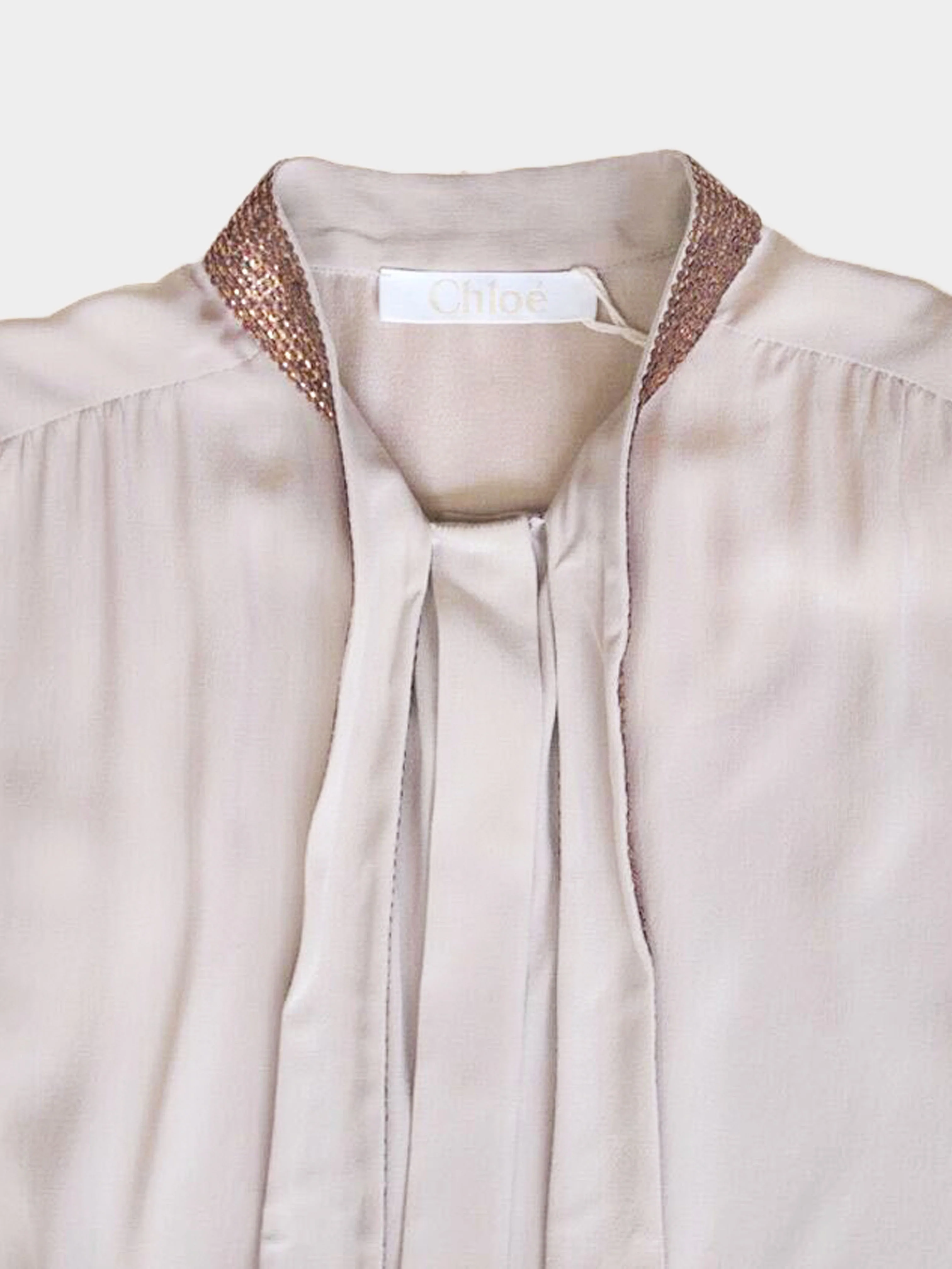 Chloé 2000s Beige Silk Shirt with Brown Sequined Collar - Image 4