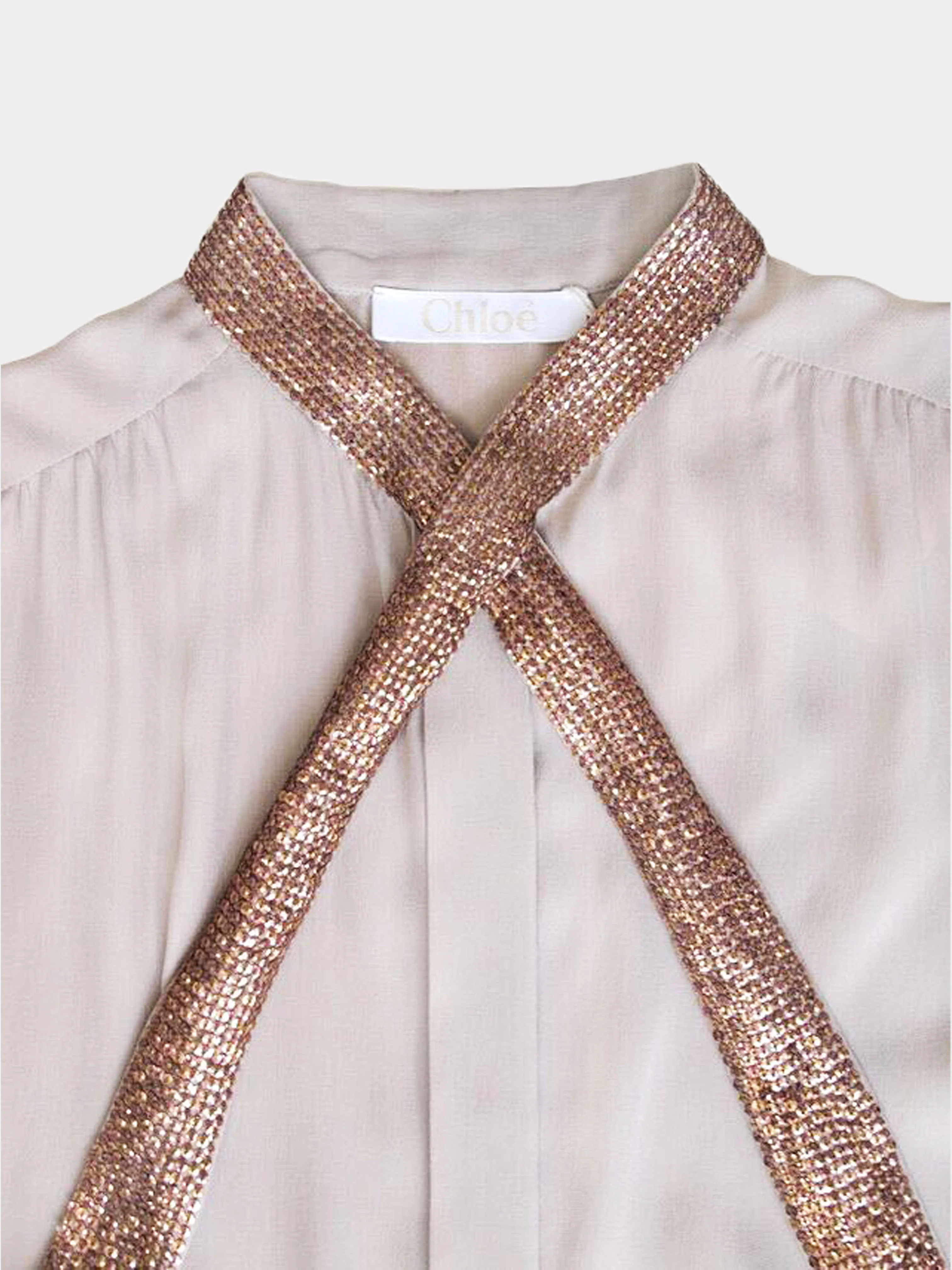 Chloé 2000s Beige Silk Shirt with Brown Sequined Collar - Image 5