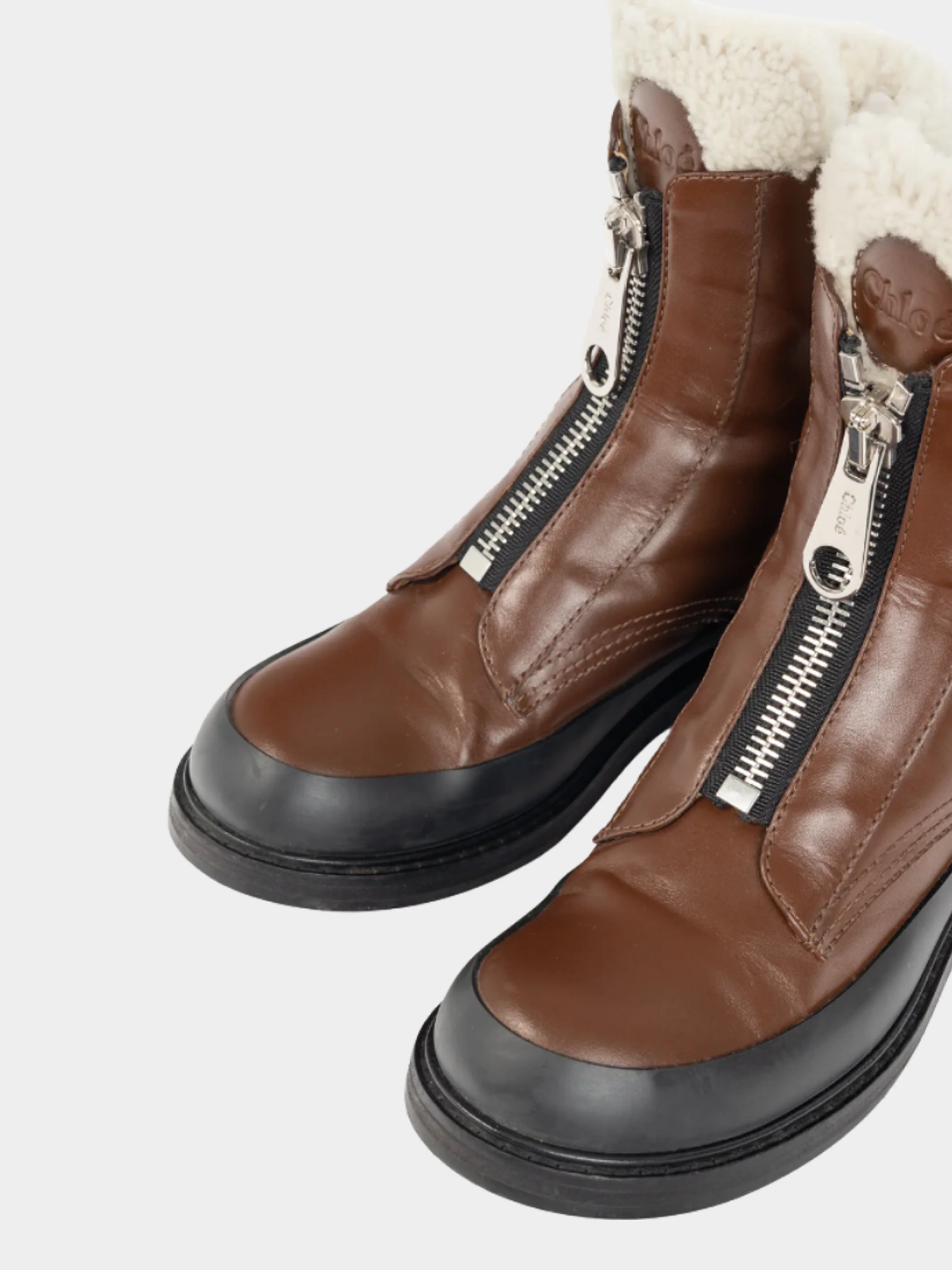 Chloé 2019 Roy Bark Brown Leather Zip-Front Shearling Boots - Image 5