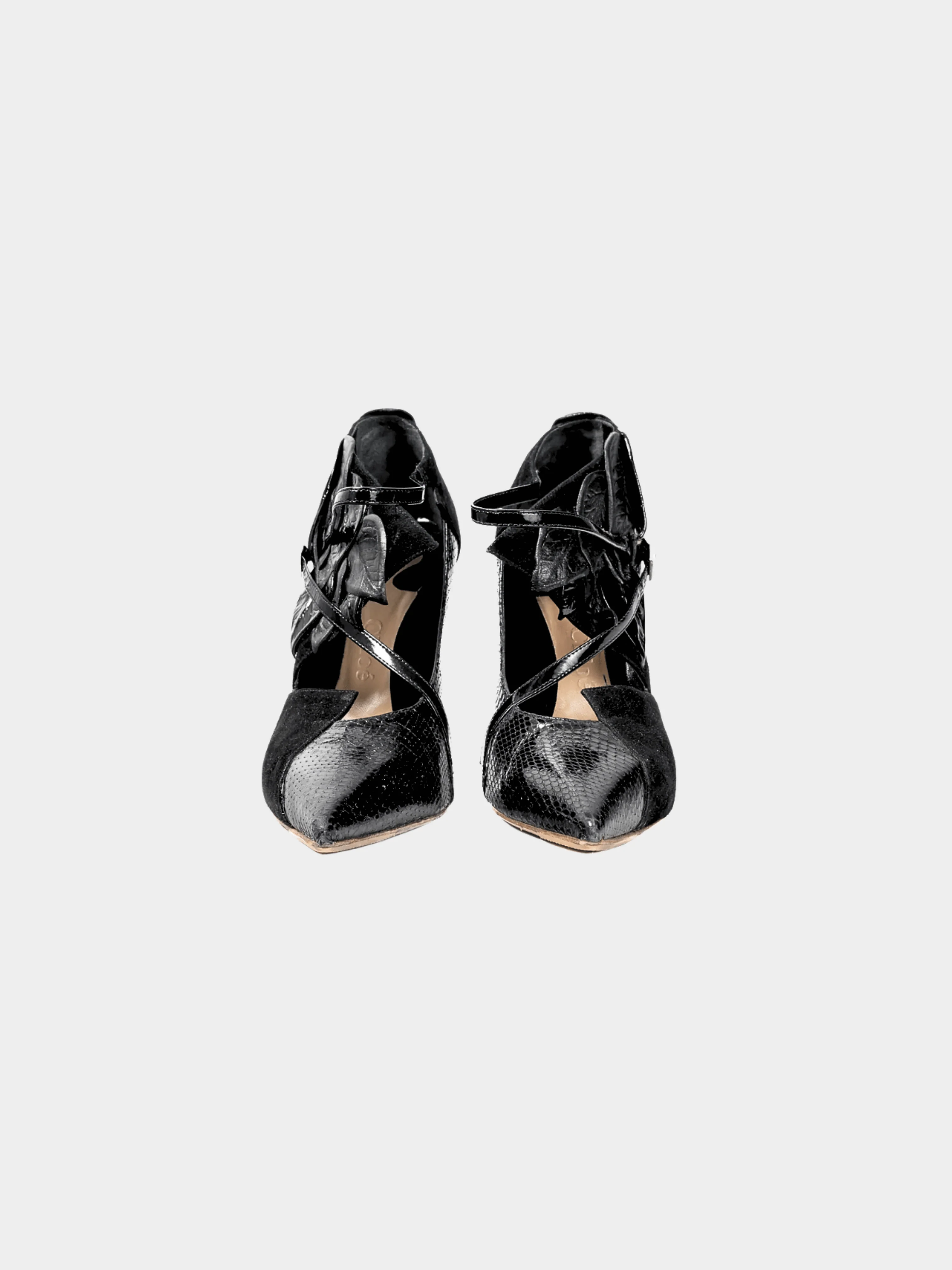 Chloe AW 2008 Runway Black Snake-Embossed, Suede & Leaf-Applique Heels - Image 2