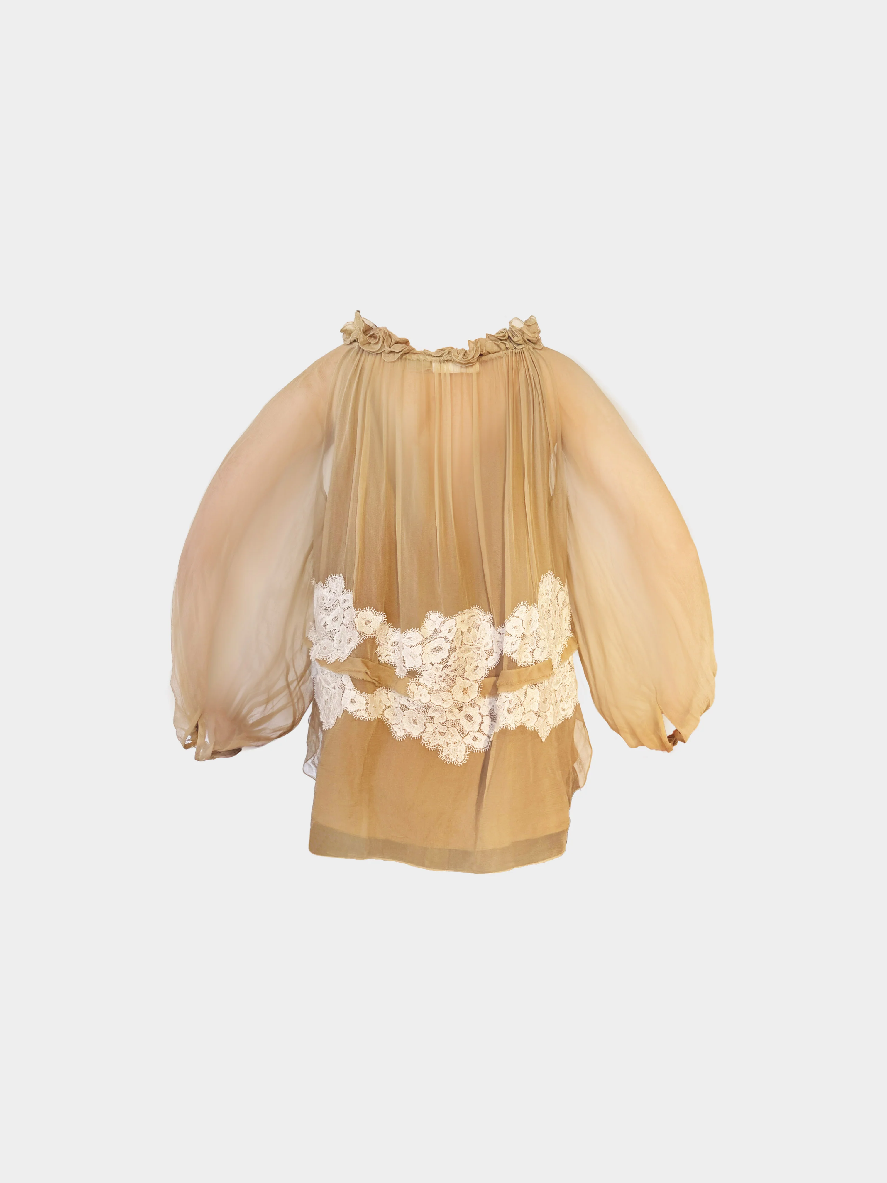 Chloé Resort 2016 Beige Silk Crepe and Lace Ruffled Sheer Blouse - Image 2