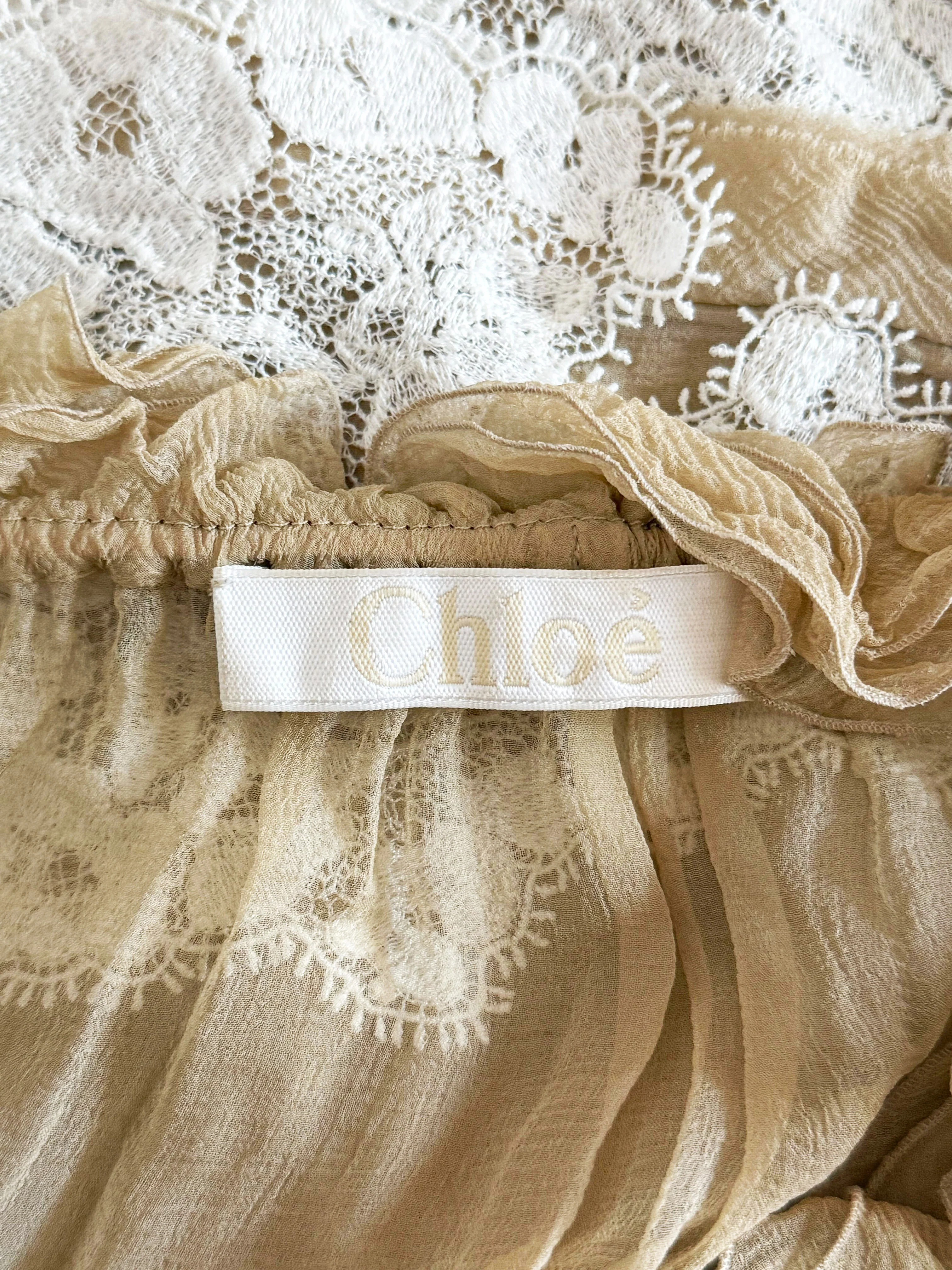 Chloé Resort 2016 Beige Silk Crepe and Lace Ruffled Sheer Blouse - Image 3