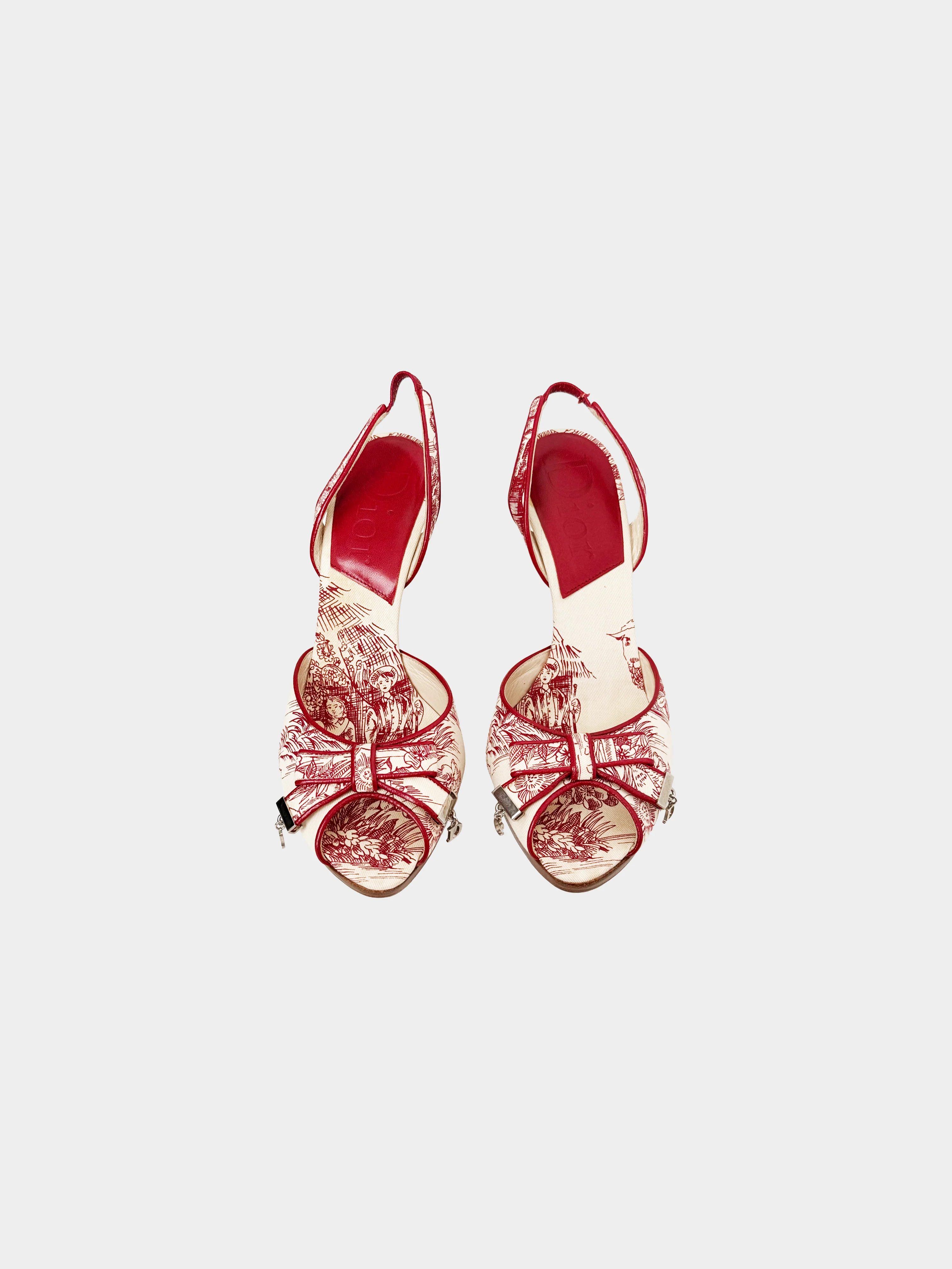 Christian Dior 2000s Beige and Red Canvas and Leather Peep-toe Heels - Image 2