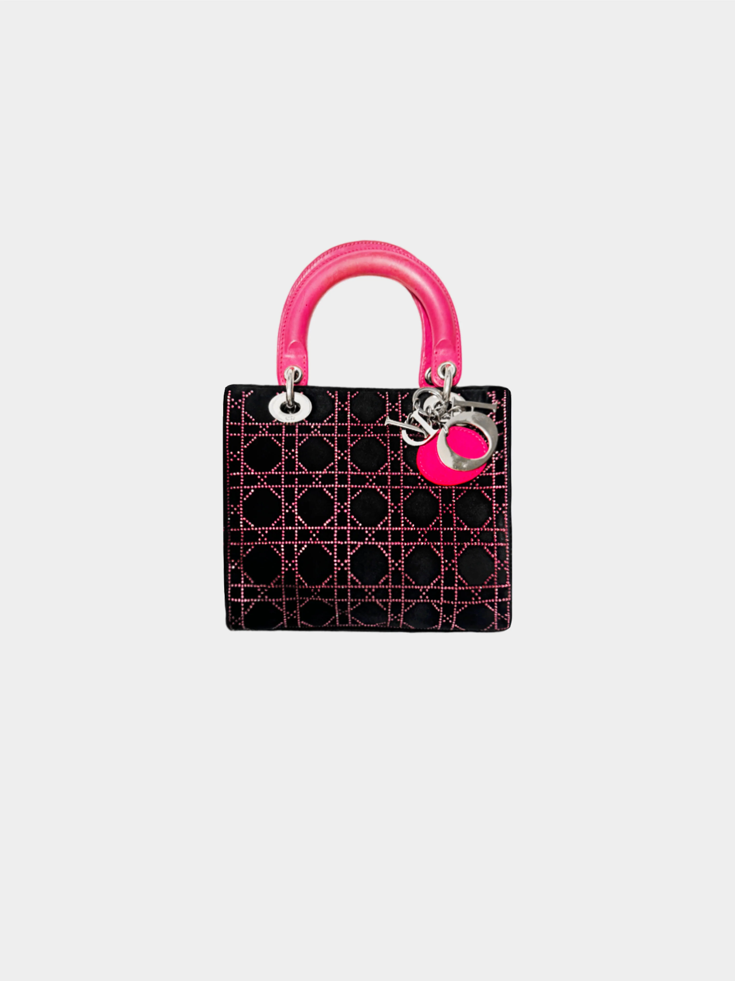 Christian Dior 2000s Black Velvet Lady Dior Pink Rhinestone Cannage Handbag