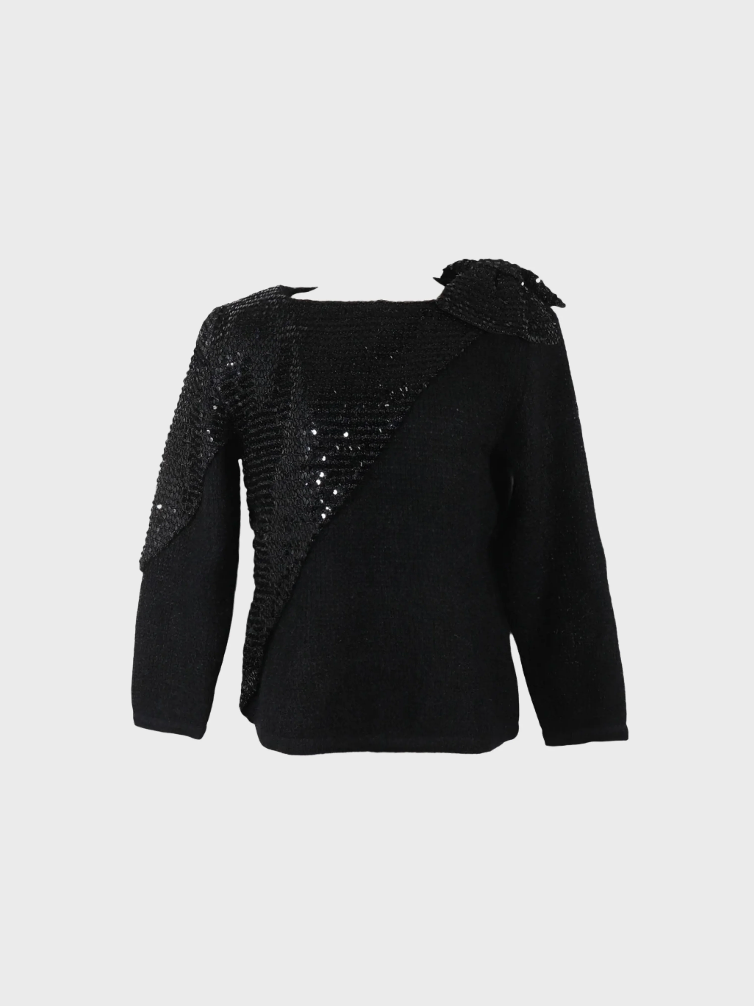 Christian Dior 1990s Black Wool Sequin Shoulder Ribbon Sweater