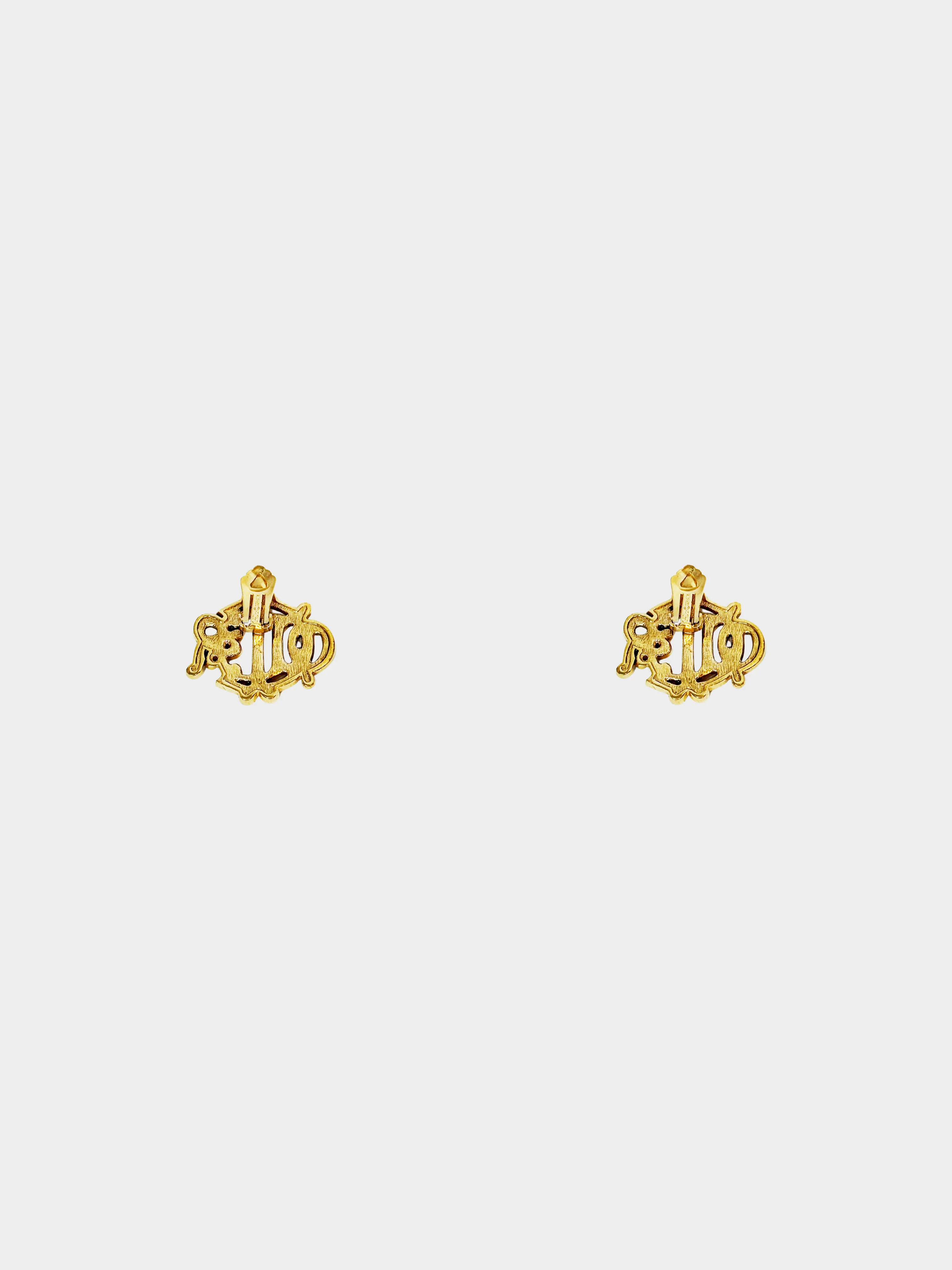 Christian Dior 2000s Gold Vintage Logo and Rhinestone Clip-on Earrings - Image 2