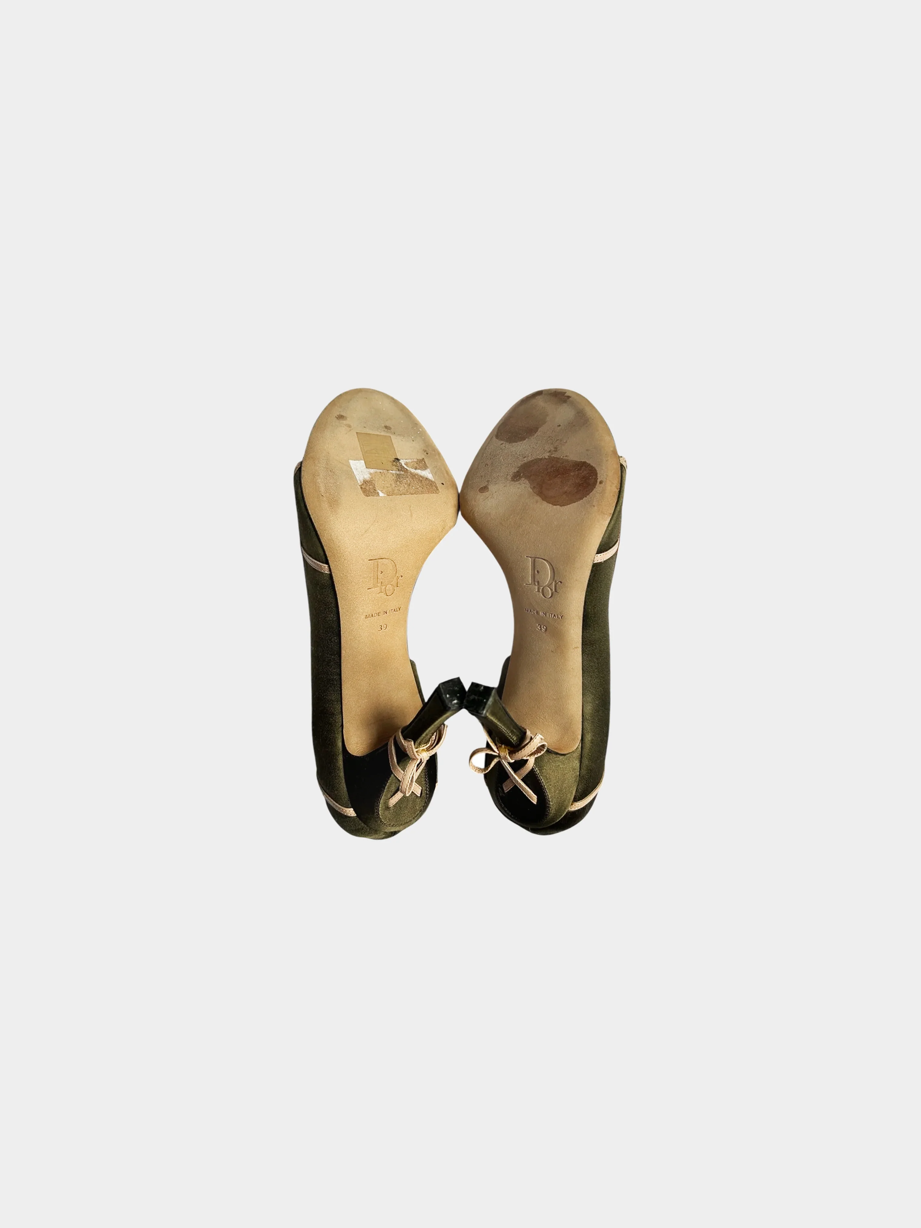 Christian Dior 2000s Khaki Satin and Leather Bow Tie Detail Heels - Image 3