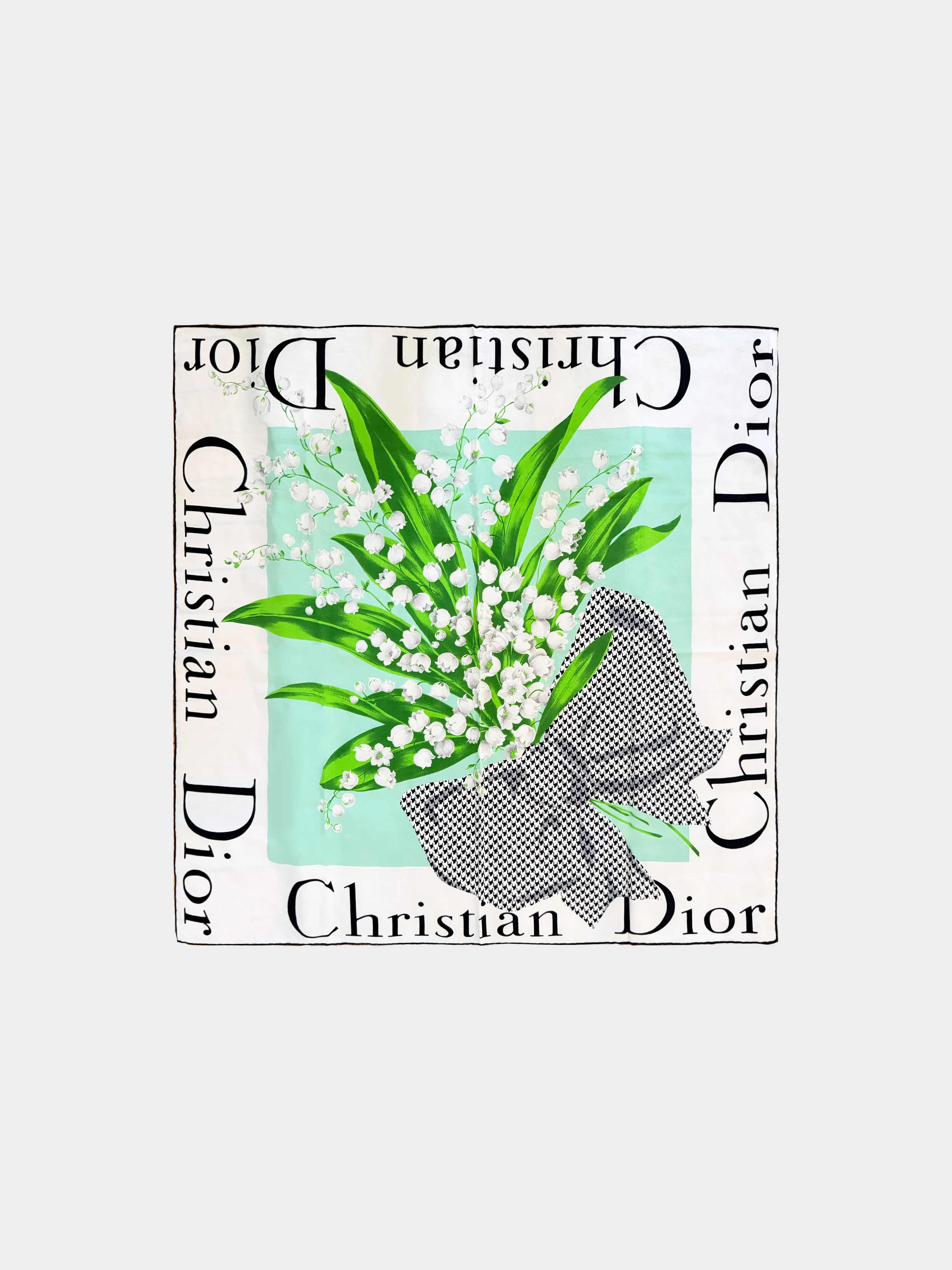 Christian Dior 2000s Lily of the Valley and Houndstooth Print Silk Lace Floral Print Scarf