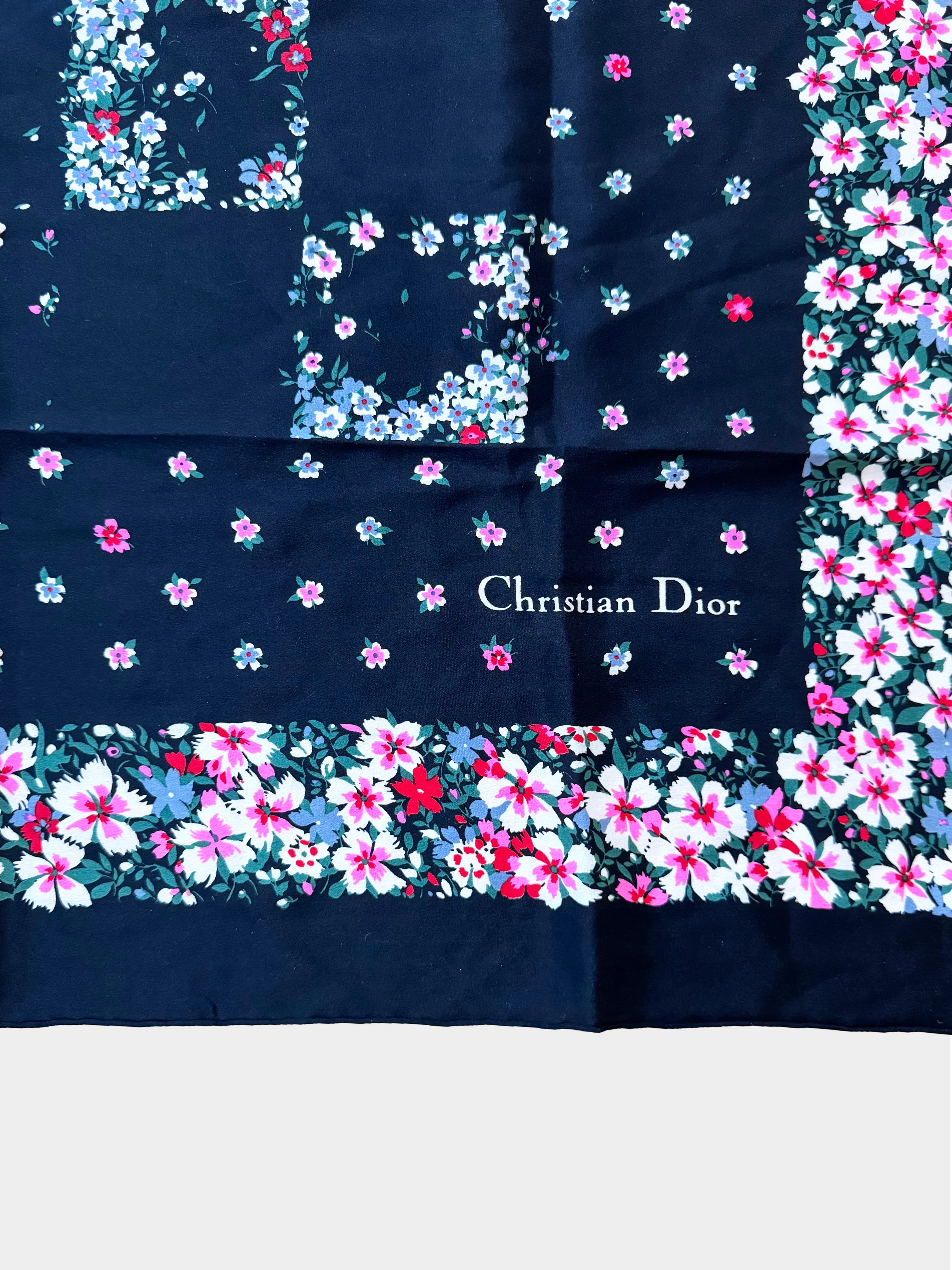 Christian Dior 2000s Navy Floral Print Silk Scarf - Image 2