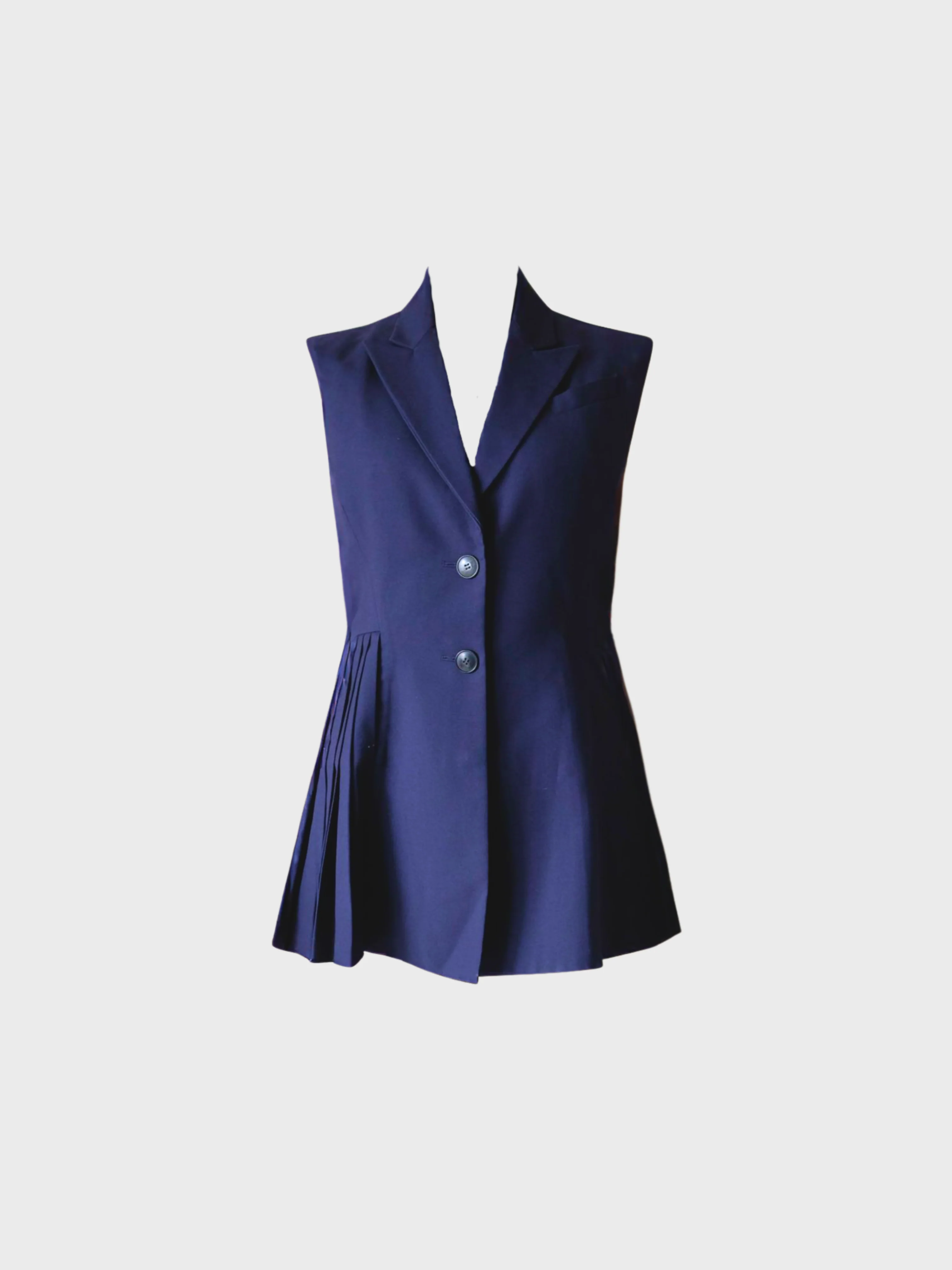 Christian Dior 2000s Navy Wool Sleeveless Side-Pleats Detail Jacket