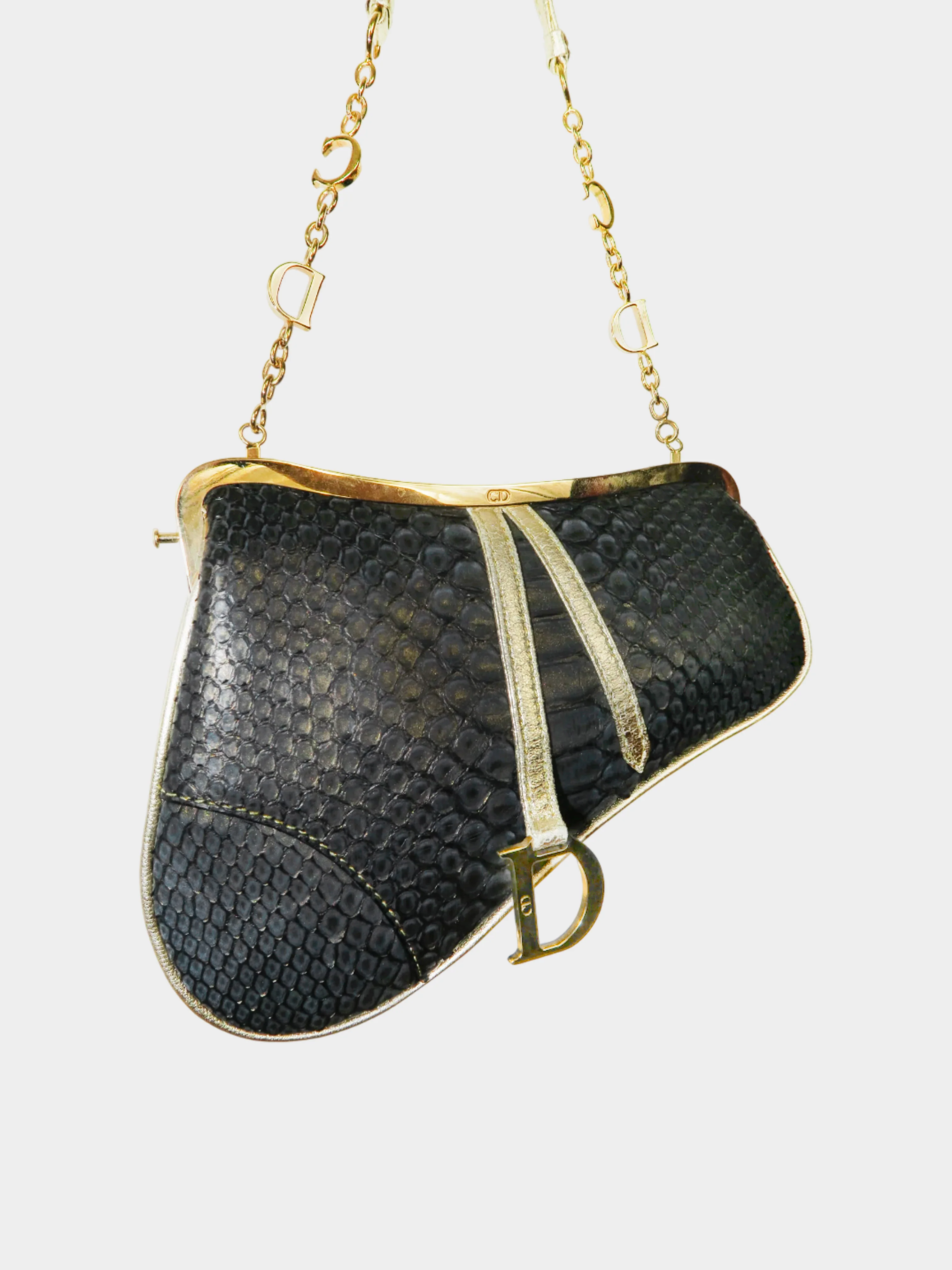 Christian Dior 2003 Black and Gold Python Leather Mini Saddle Bag - Image 2