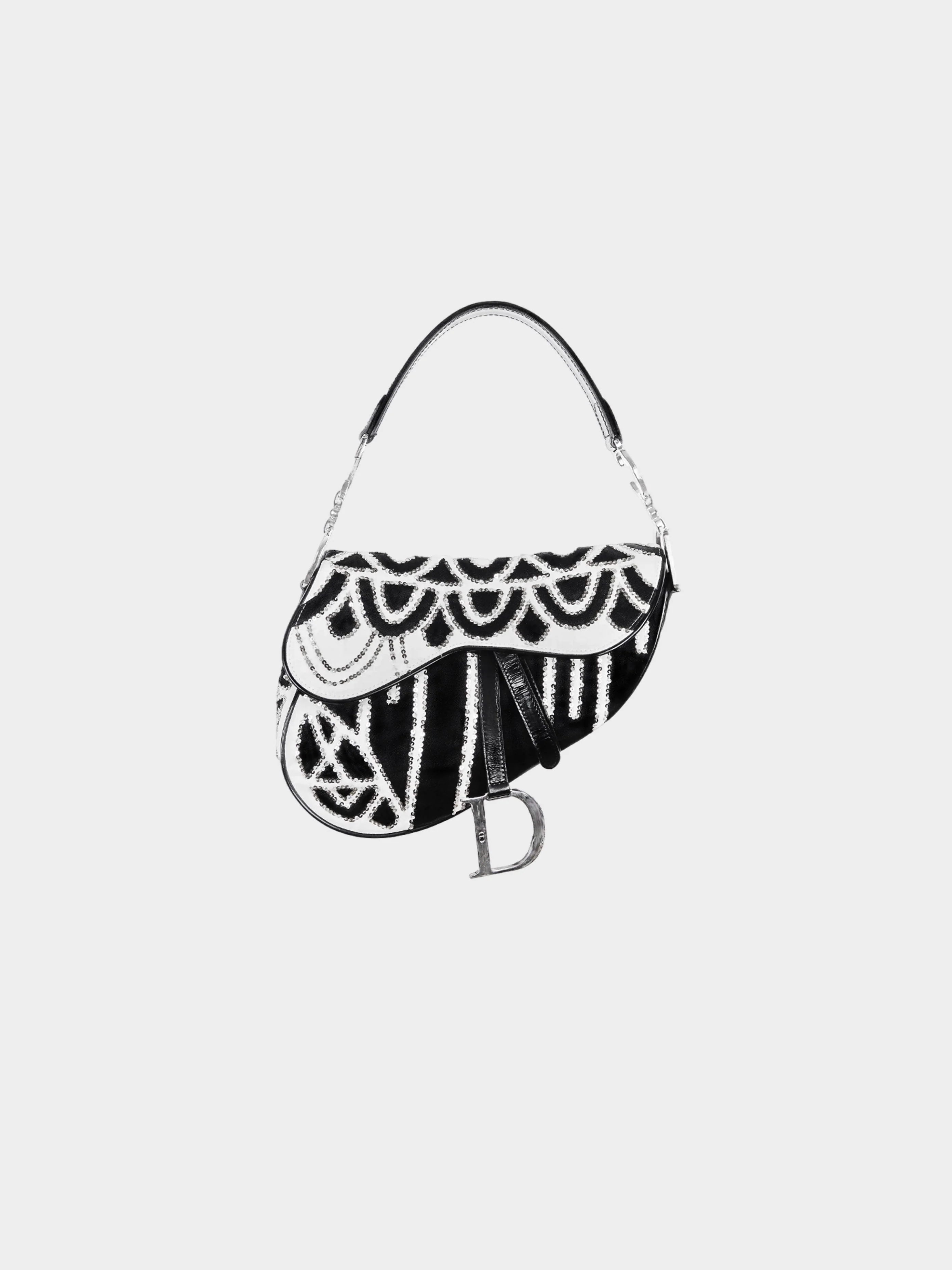Christian Dior 2003 Black and White Sequin and Beads Saddle Bag