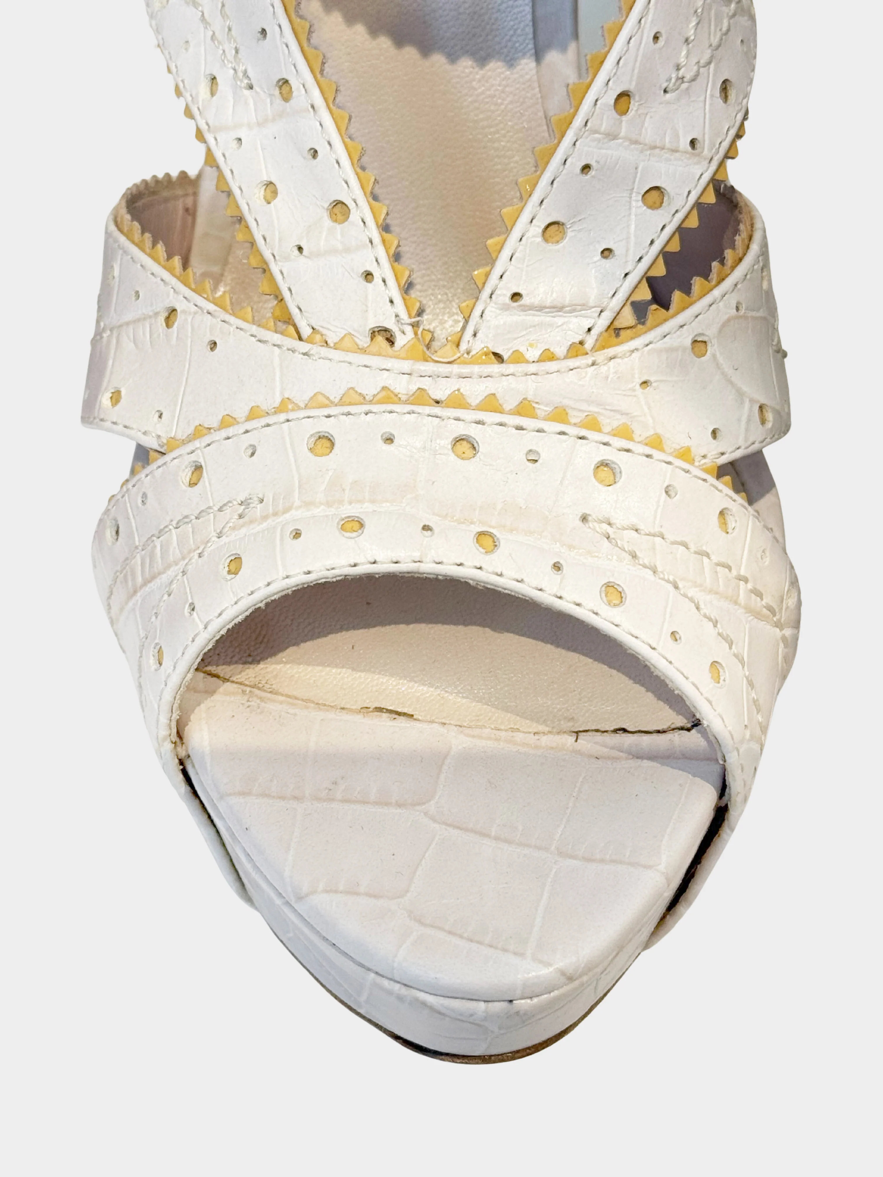 Christian Dior 2000s White Stamped Croc "Bonnie" Wedge Sandals - Image 4