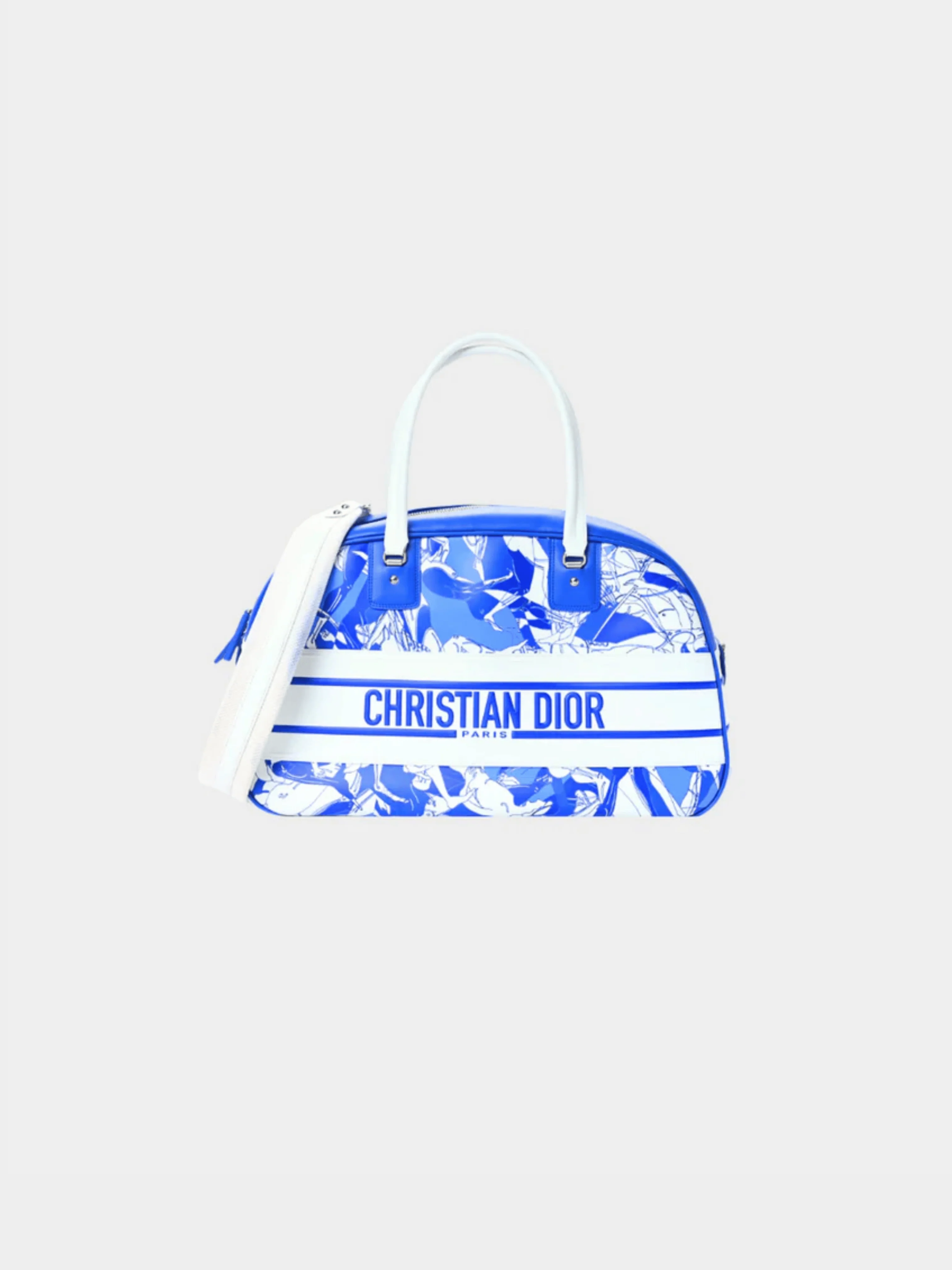 Christian Dior 2021 Blue and White Calfskin Large Dior Vibe Zip Bowling Bag