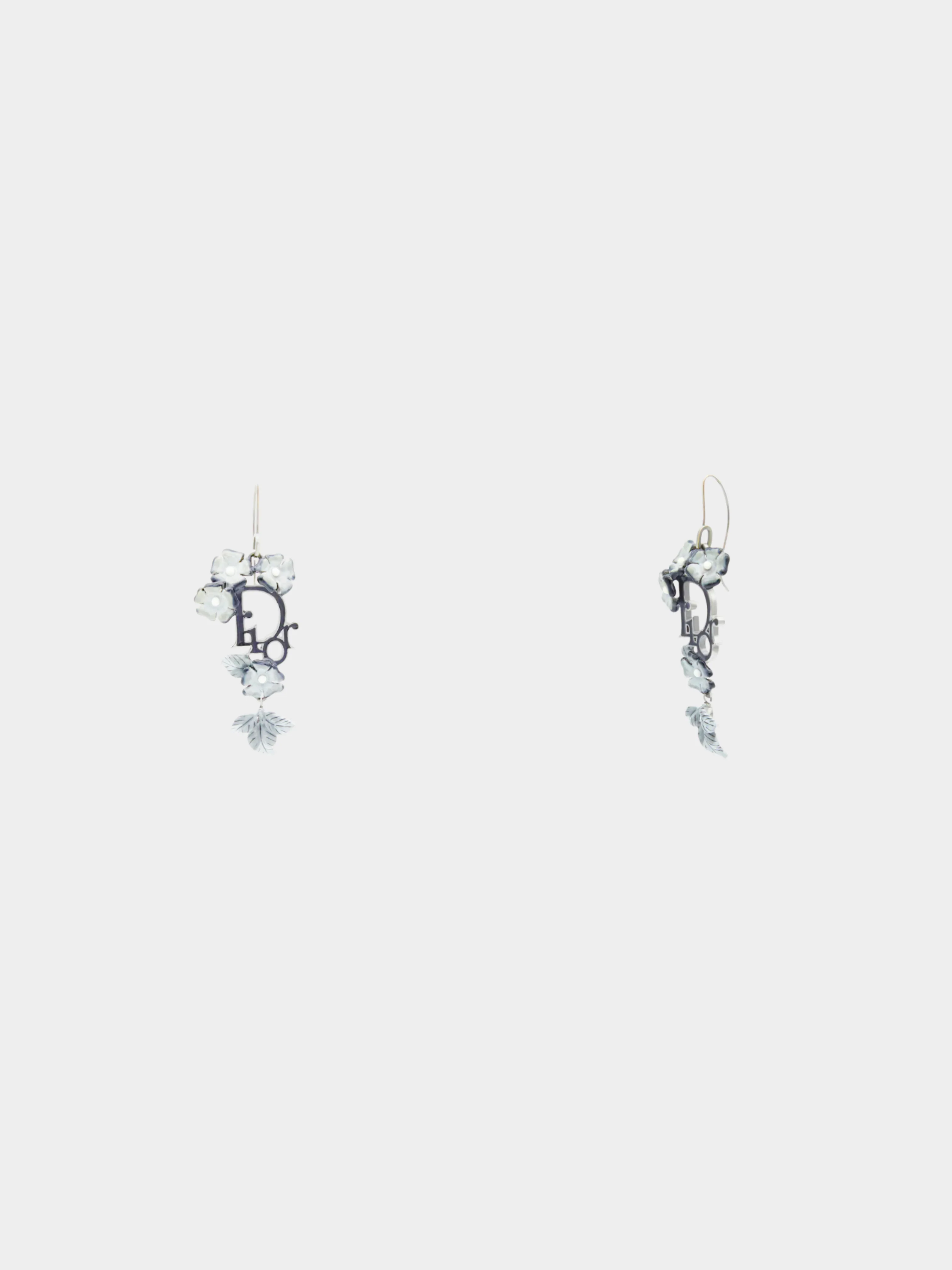 Christian Dior by John Galliano 2000s Blackened Silver Floral Lacquer Earrings