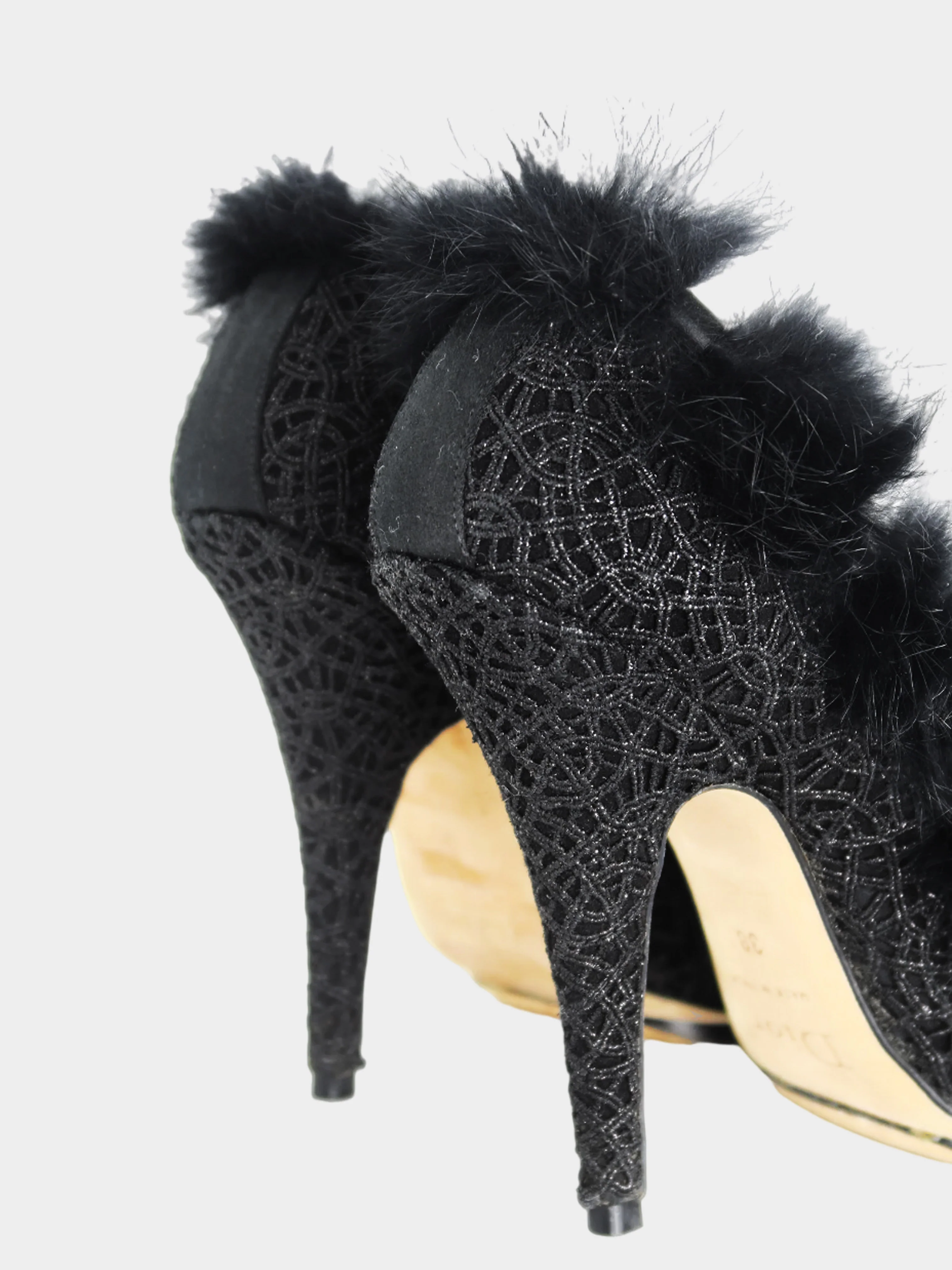 Christian Dior by John Galliano 2000s Black Glitter Fur Trim Heels - Image 3