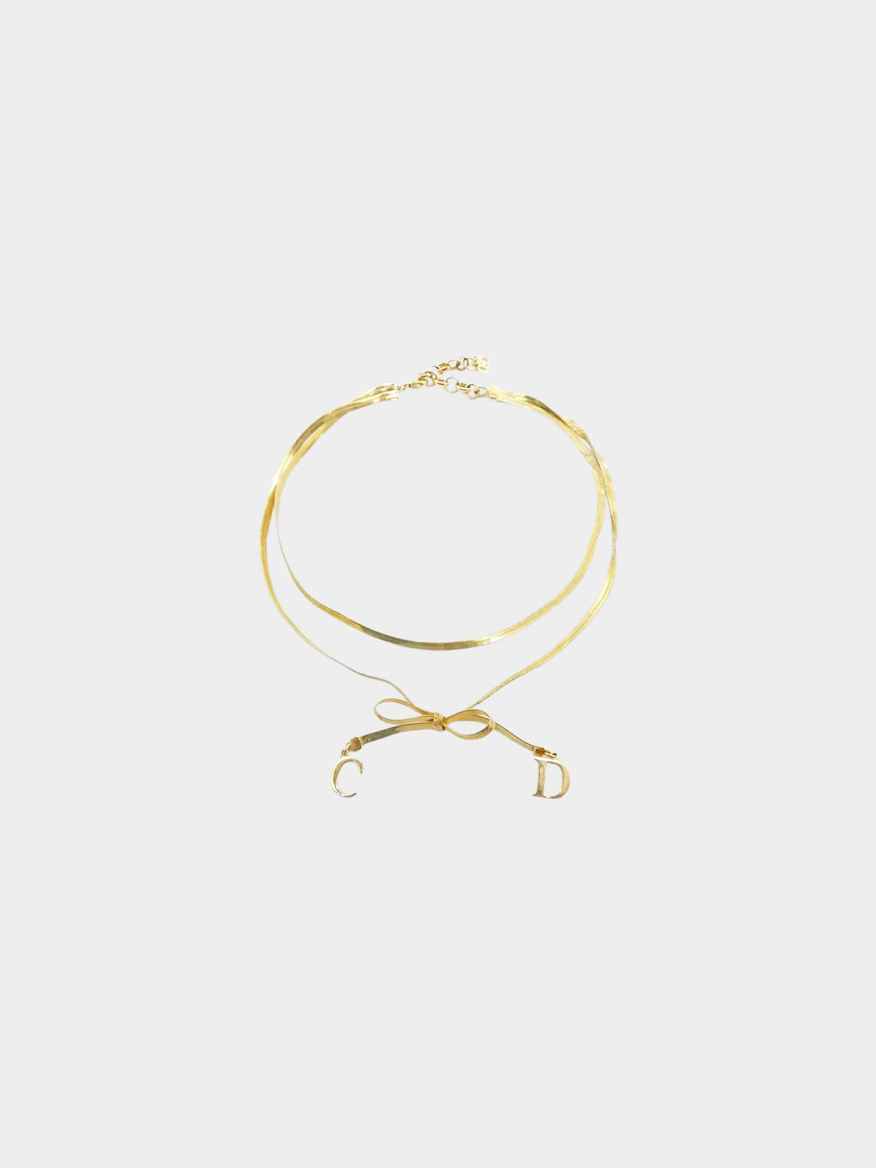 Christian Dior by John Galliano 2000s Gold Double Chain CD Bow Necklace