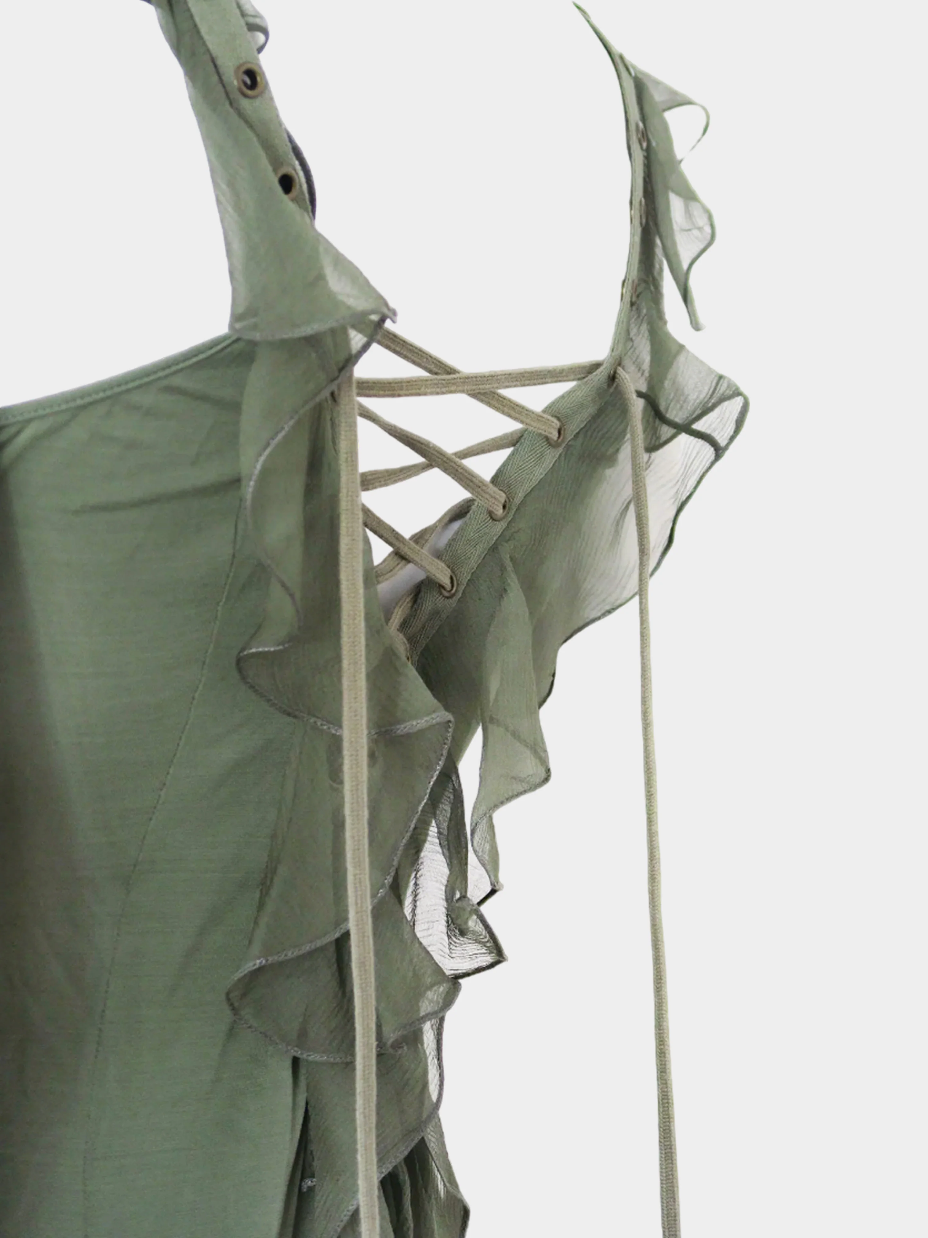 Christian Dior by John Galliano FW 2003 Green Silk Chiffon Ruffled Lace-Up Dress - Image 4