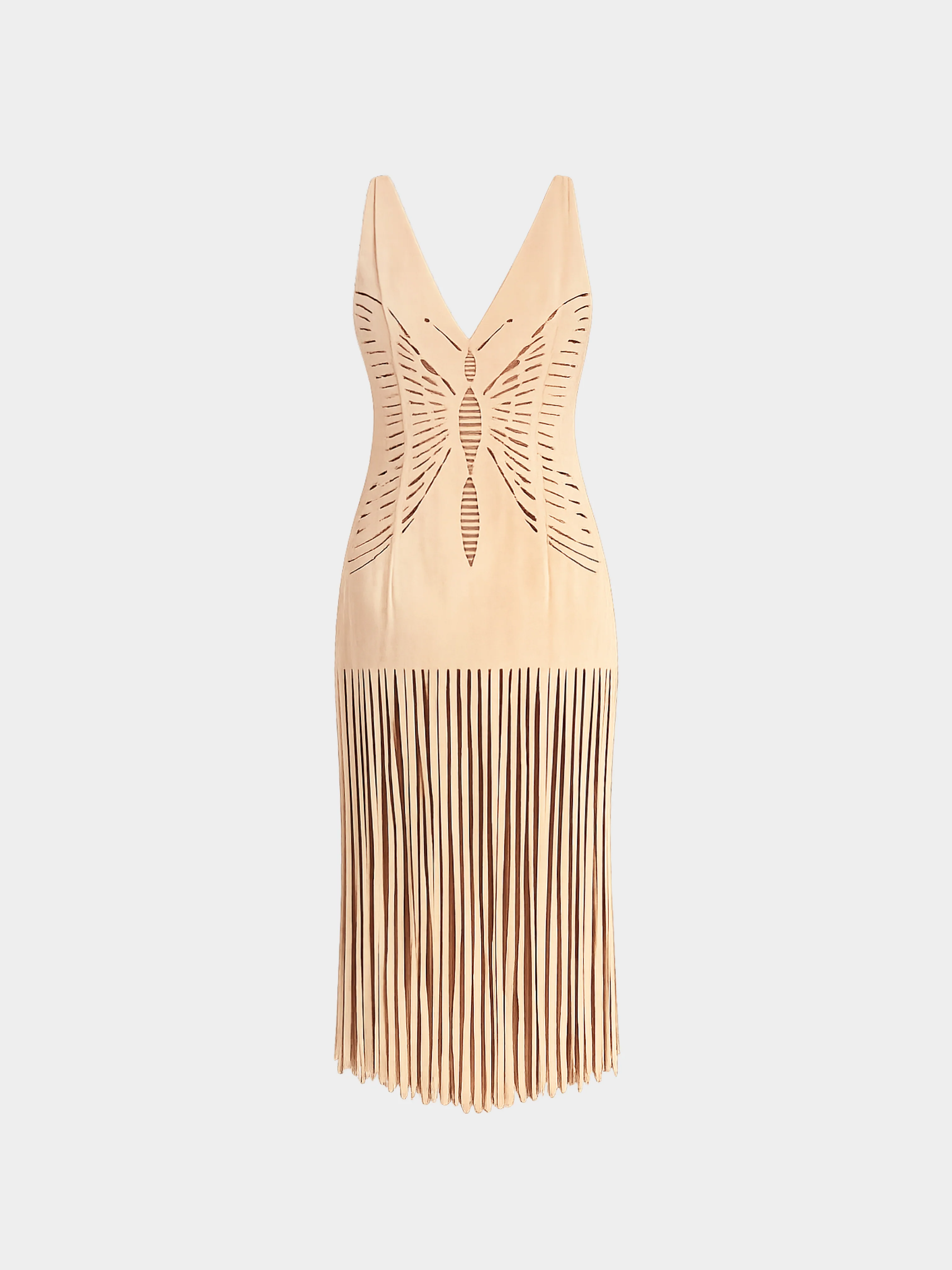Christian Dior by John Galliano FW 2001 Beige Ultrasuede Butterfly Cutout Fringe Dress
