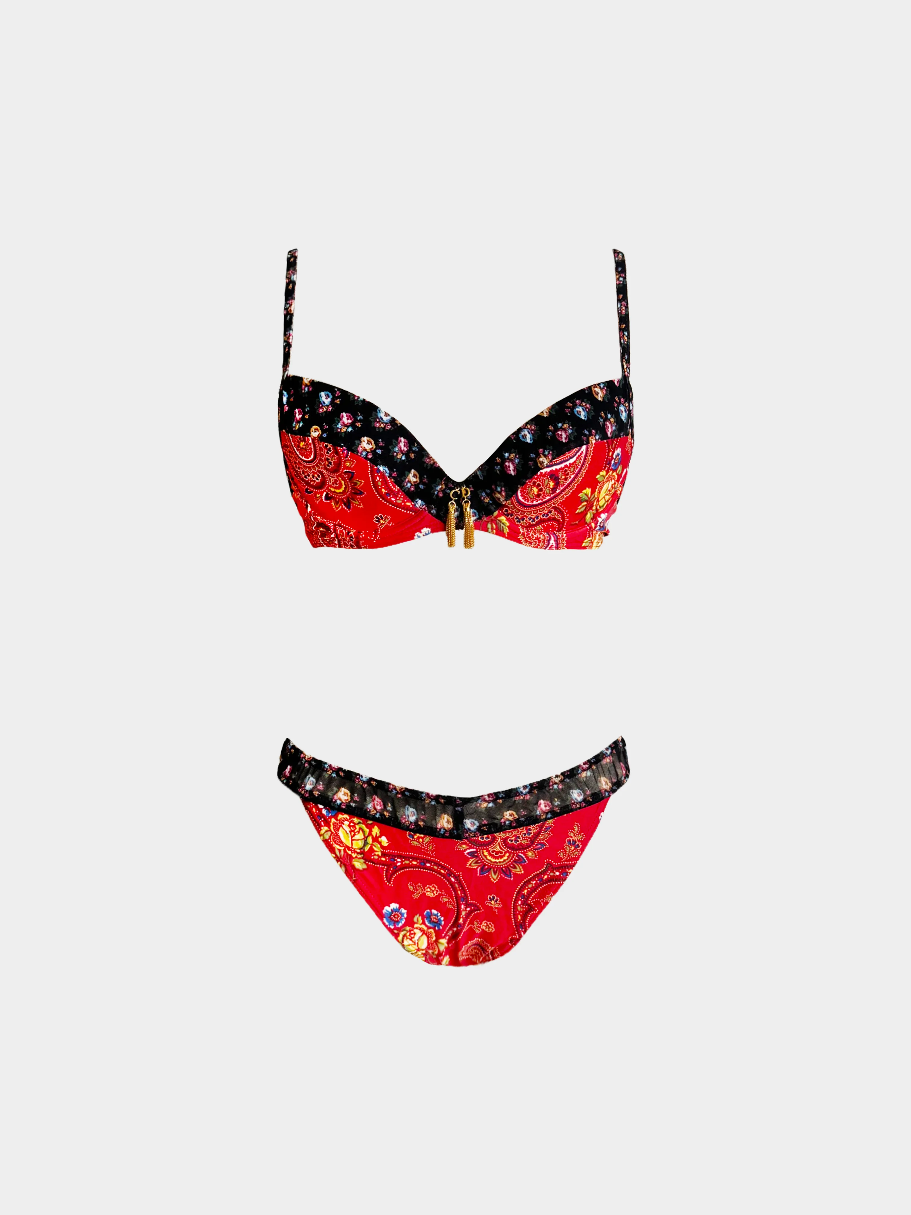 Christian Dior by John Galliano SS 2002 Red Floral Paisley Print Two-Piece Swimsuit