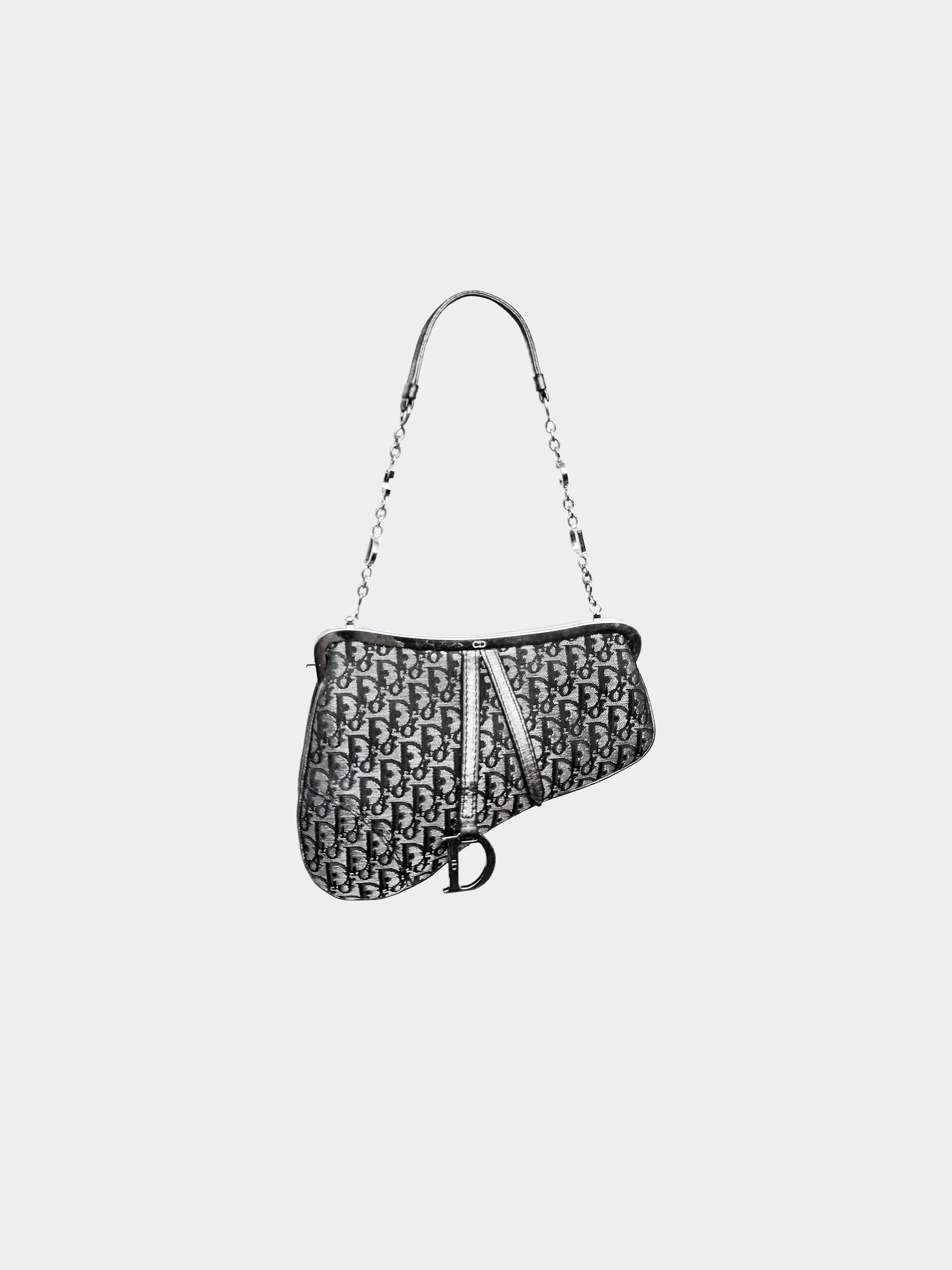 Christian Dior Early 2000s Black and Metallic Grey Diorissimo Mini Saddle Bag