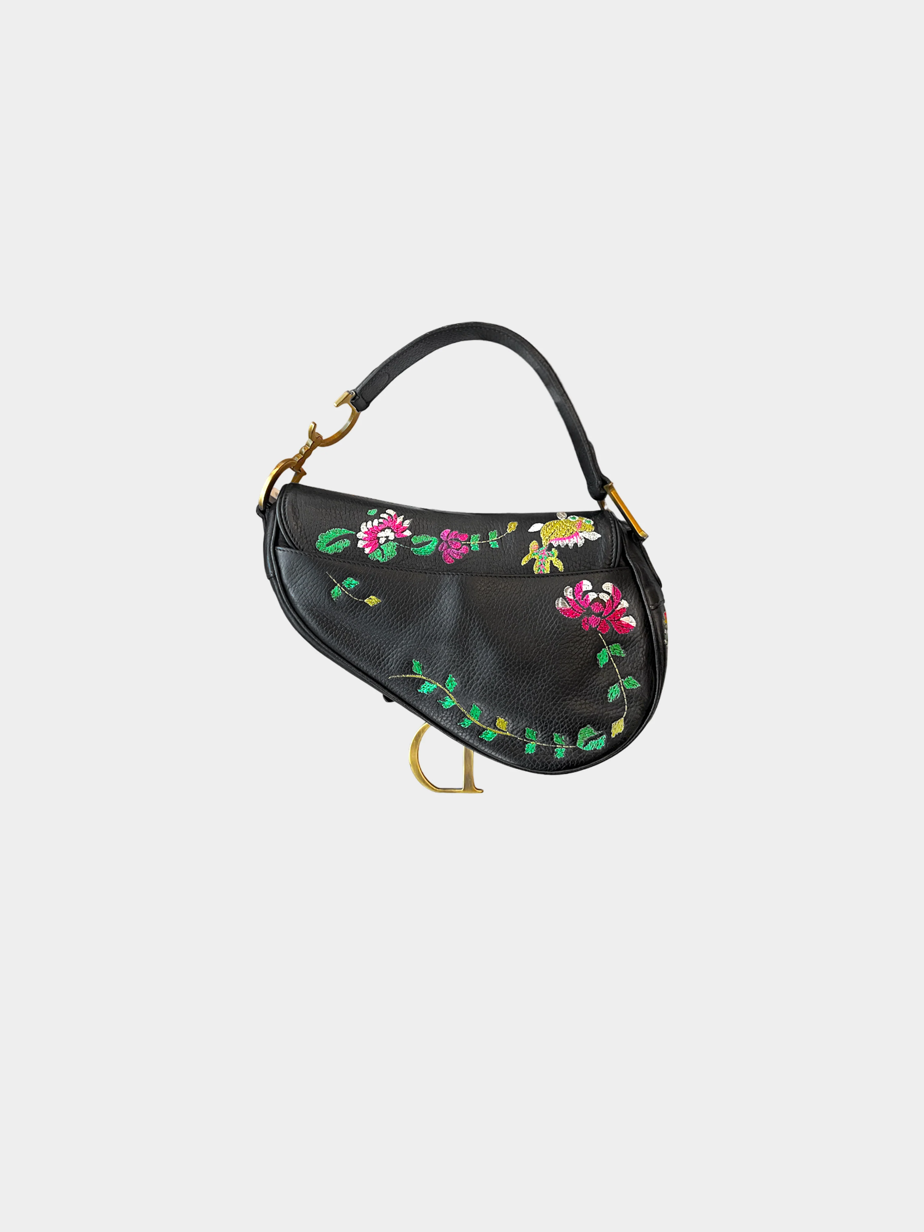 Christian Dior Early 2000s Limited Edition Black Embroidered Floral And Koi Saddle Bag - Image 2