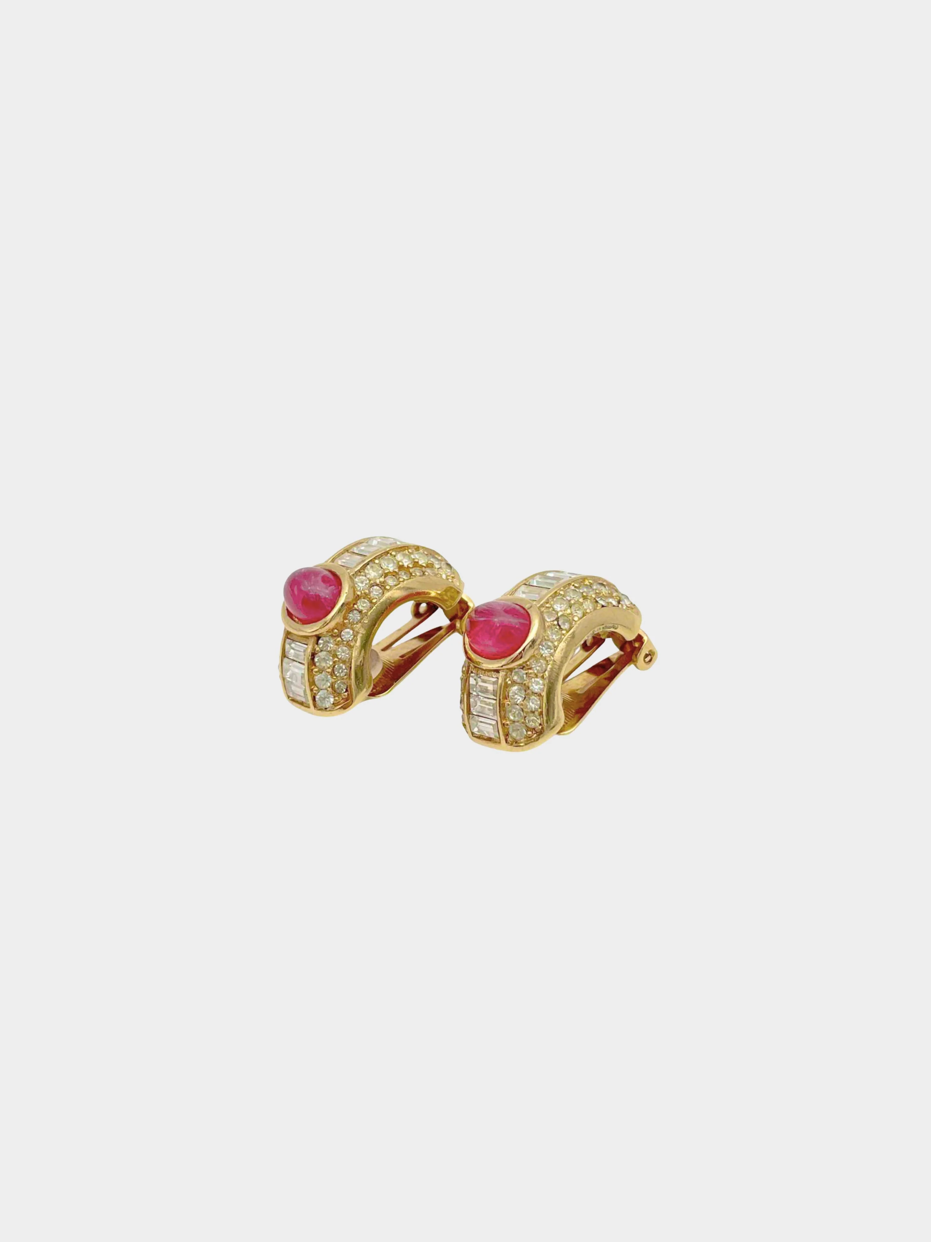 Christian Dior 1980s Rhinestone and Pink Stone Gold Earring - Image 3