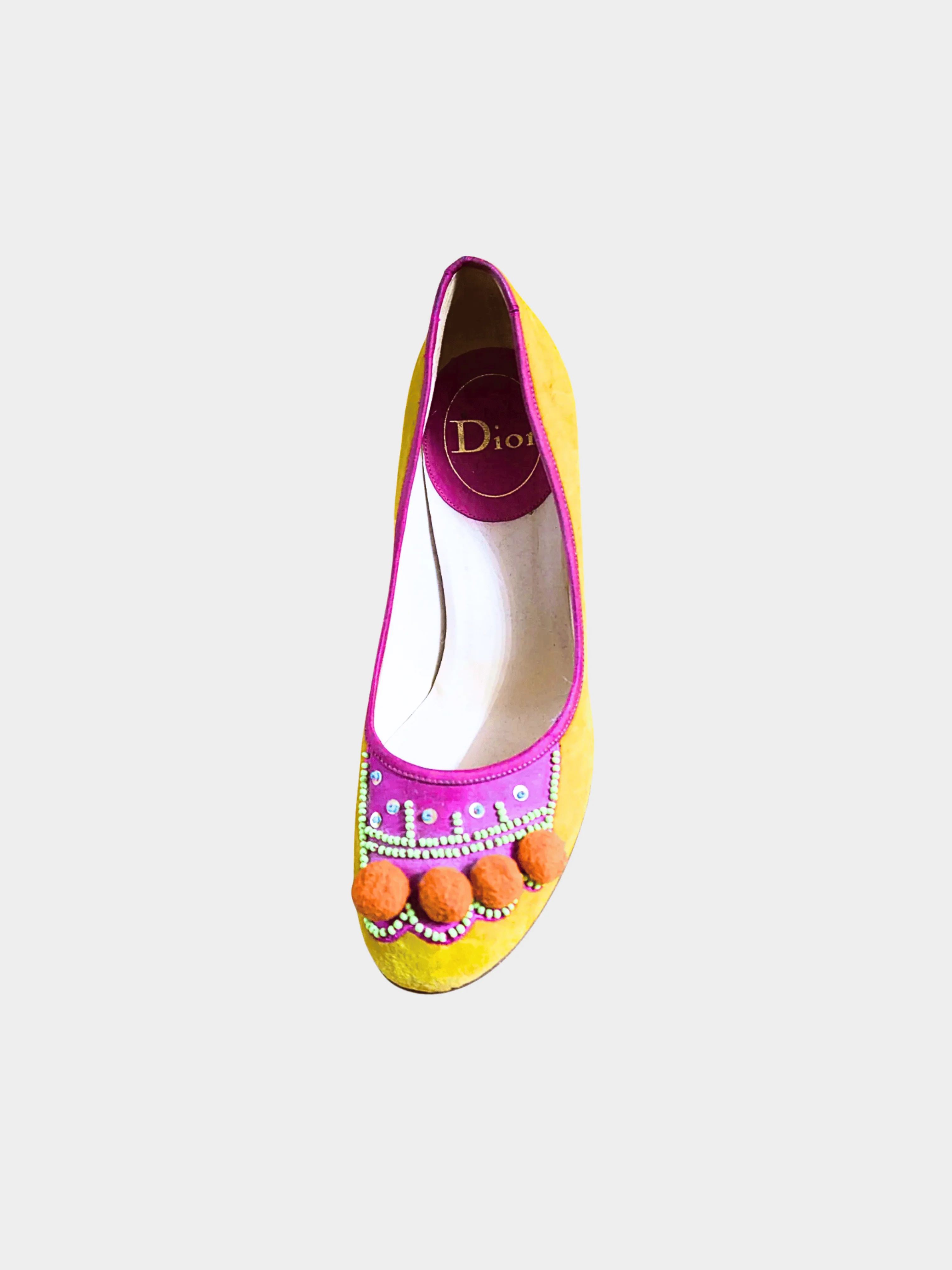 Christian Dior SS 2002 Pink and Yellow Pom Pom Heels - Image 2