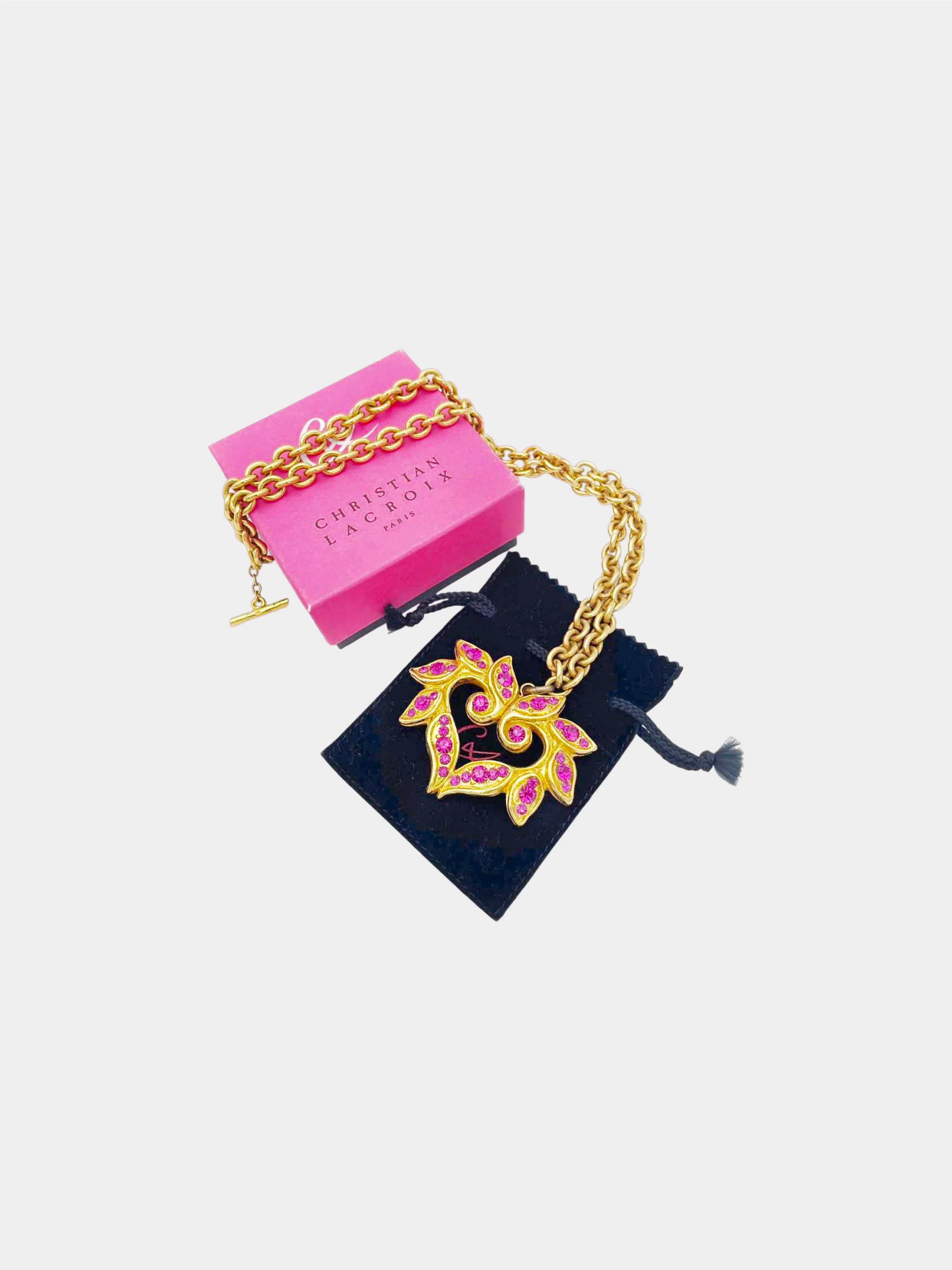 Christian Lacroix 1990s Pink Crystal Heart Pendant Chain Necklace - Image 4