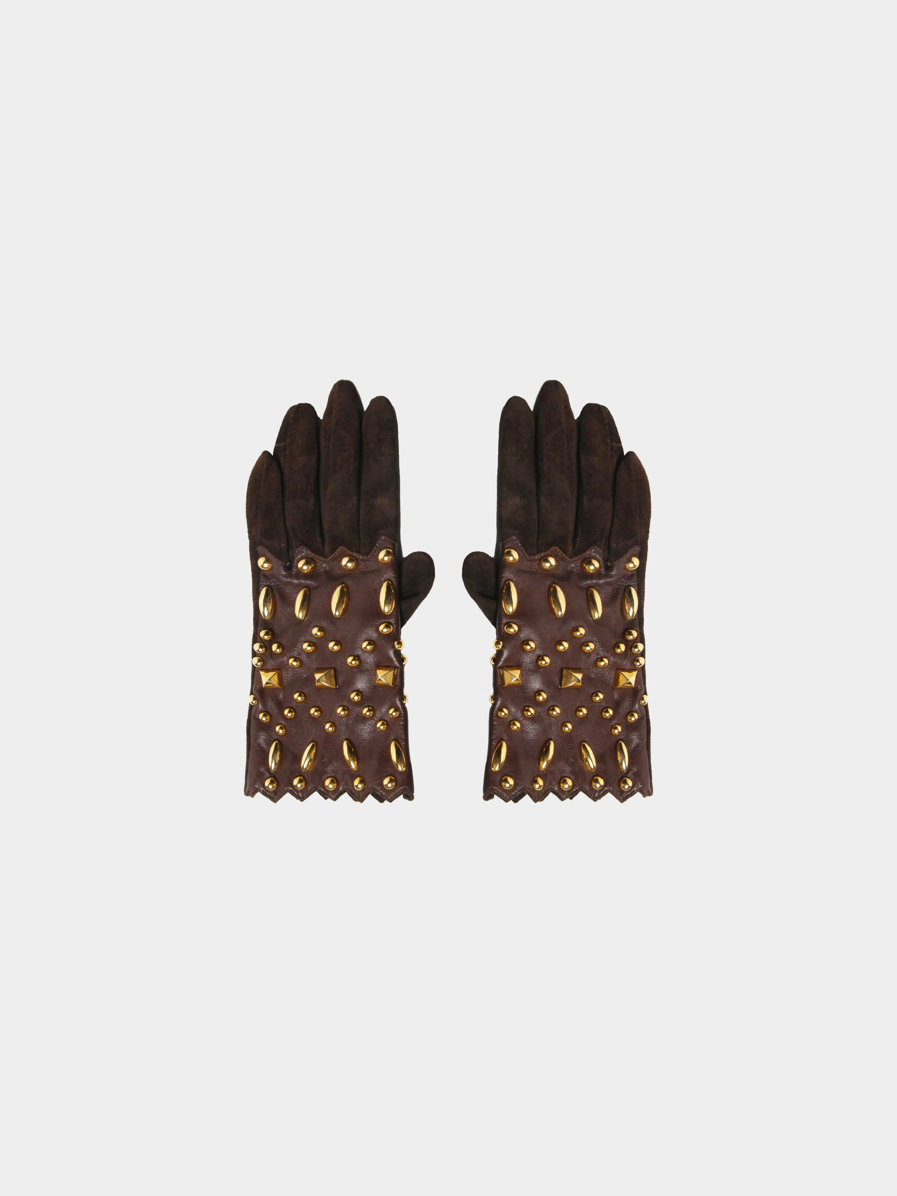 Christian Lacroix 2000s Brown Leather Gloves with Gold Metal Studs