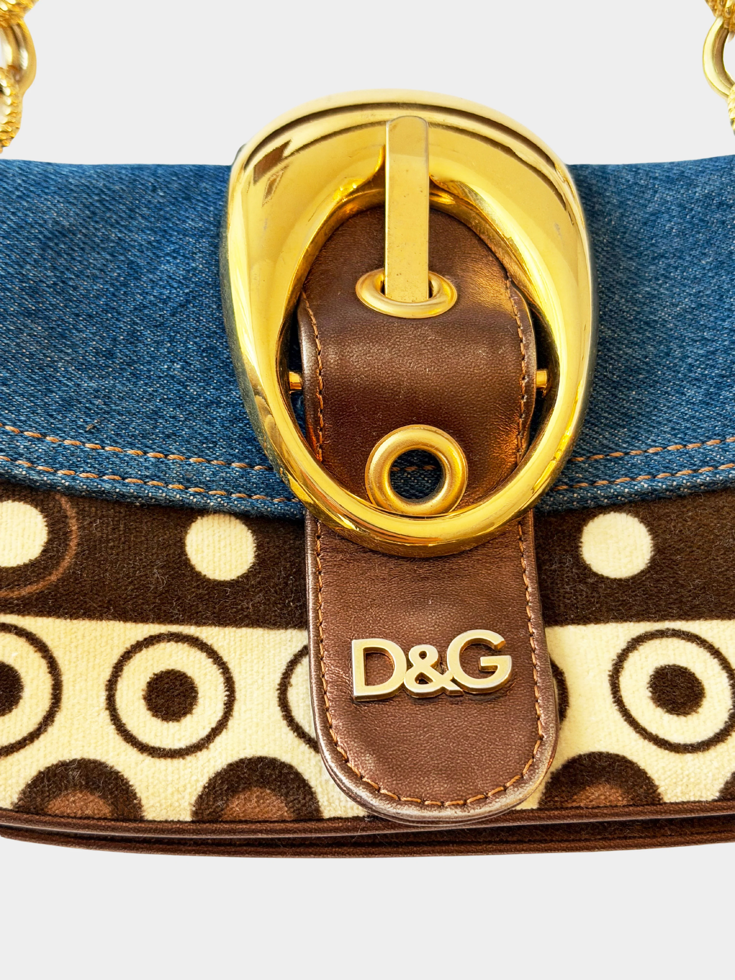Dolce and Gabbana 2000s Blue Denim and Brown Shoulder Bag with Large Buckle - Image 2