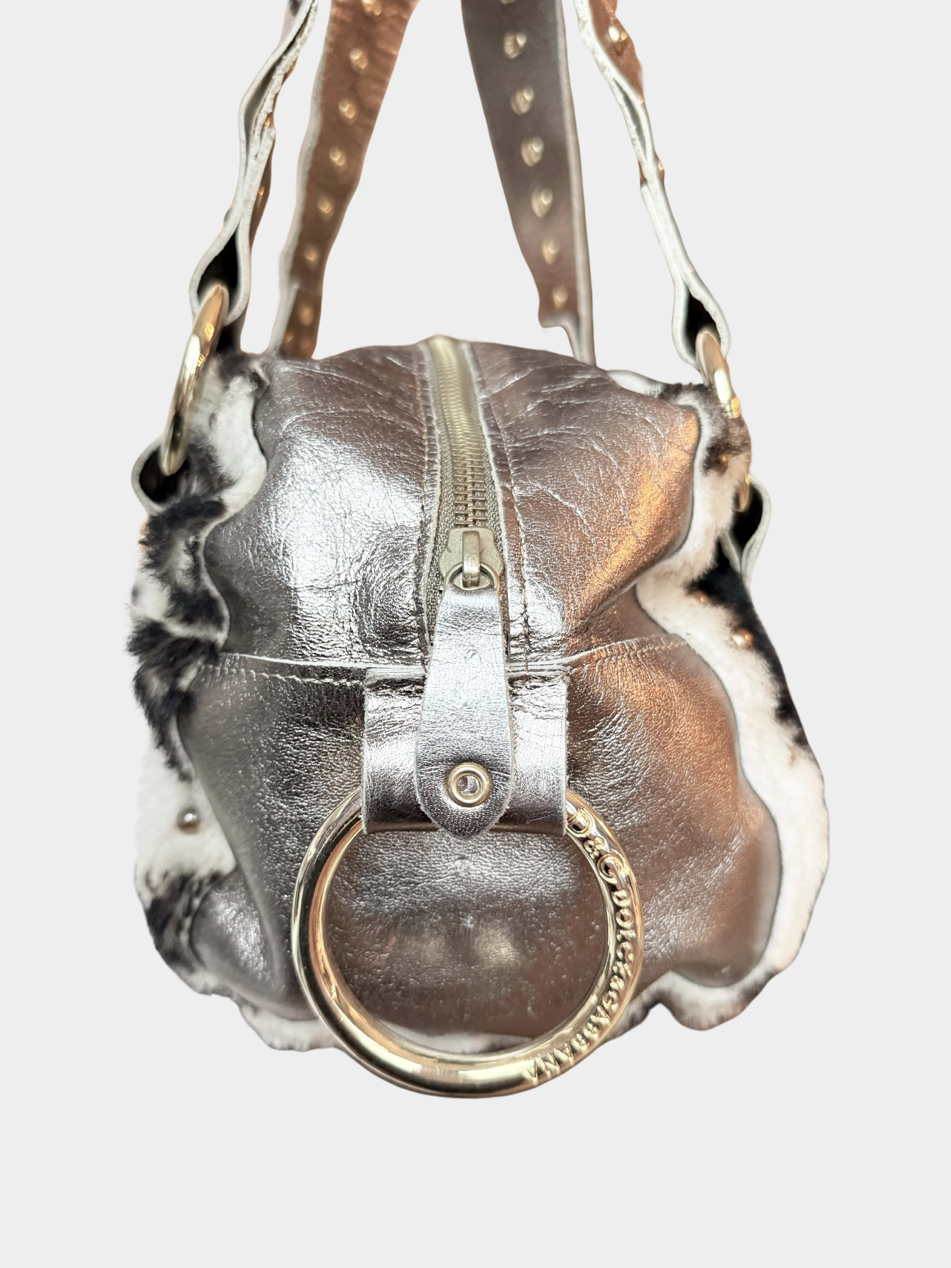 Dolce and Gabbana 2000s Metallic Leather Cow Print Faux Fur Bag - Image 3