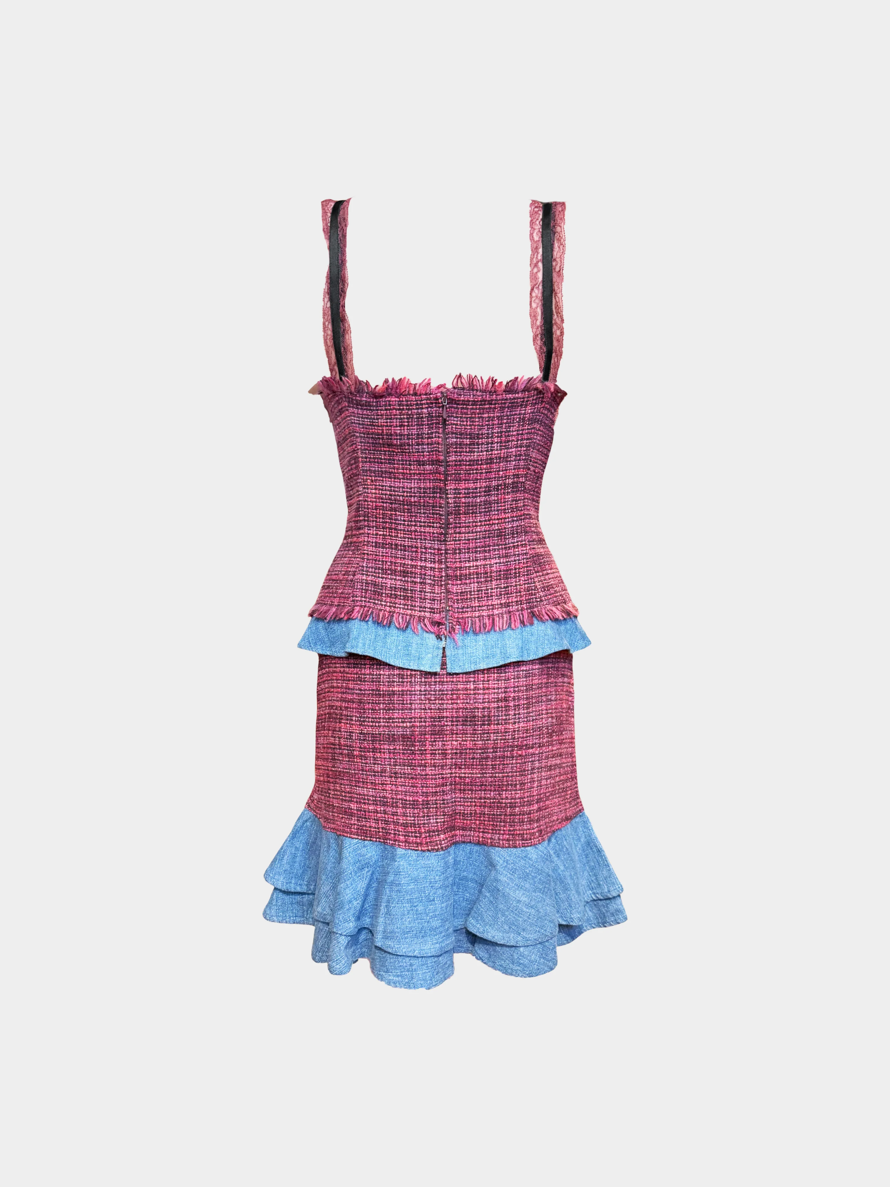 Dolce and Gabbana 2000s Burgundy and Denim Trim Tweed Top and Skirt Set - Image 2