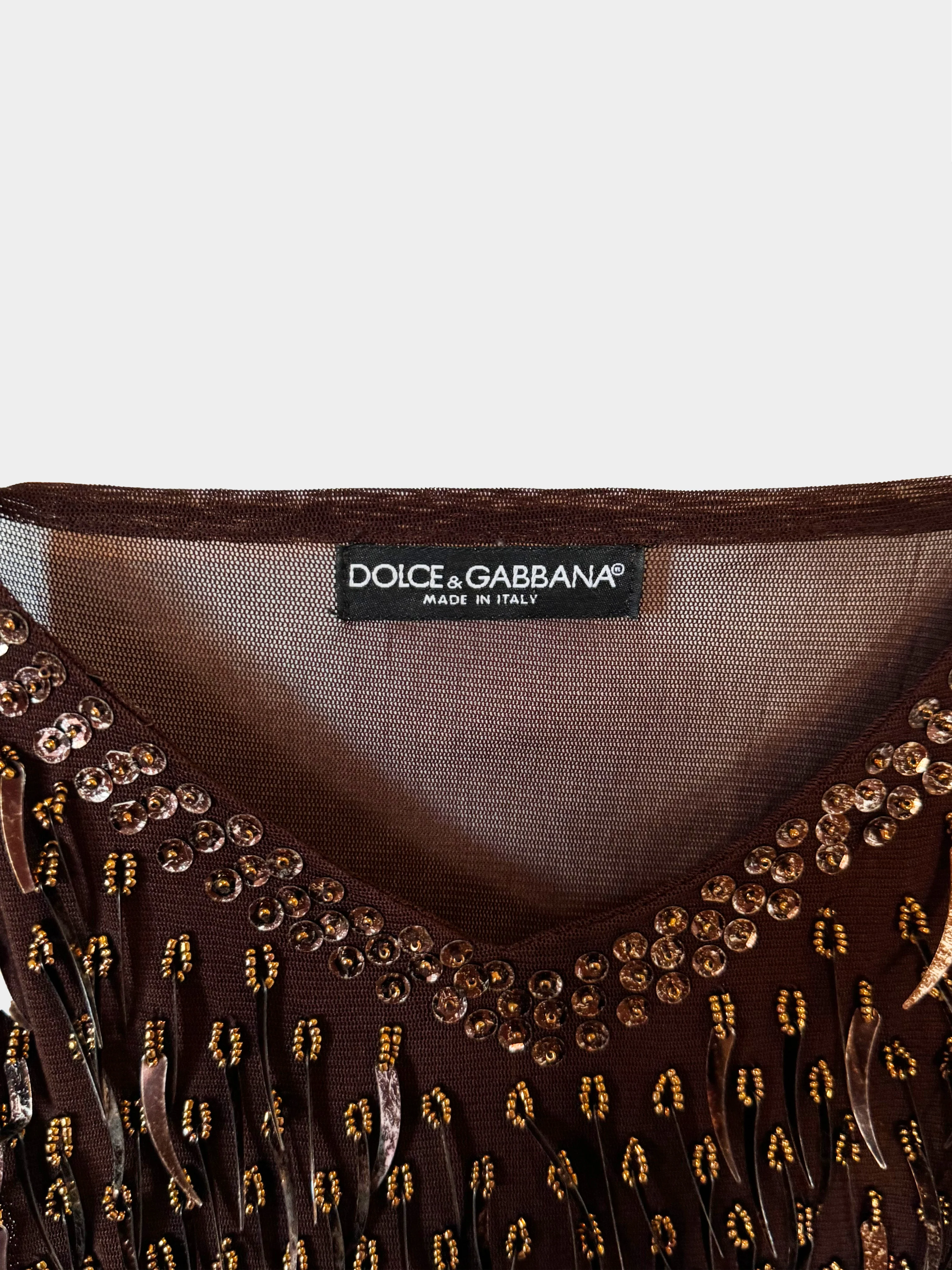 Dolce and Gabbana 2000s Dark Brown Beading and Tiger Tooth Sequin Embellished Sheer Tulle Top - Image 4