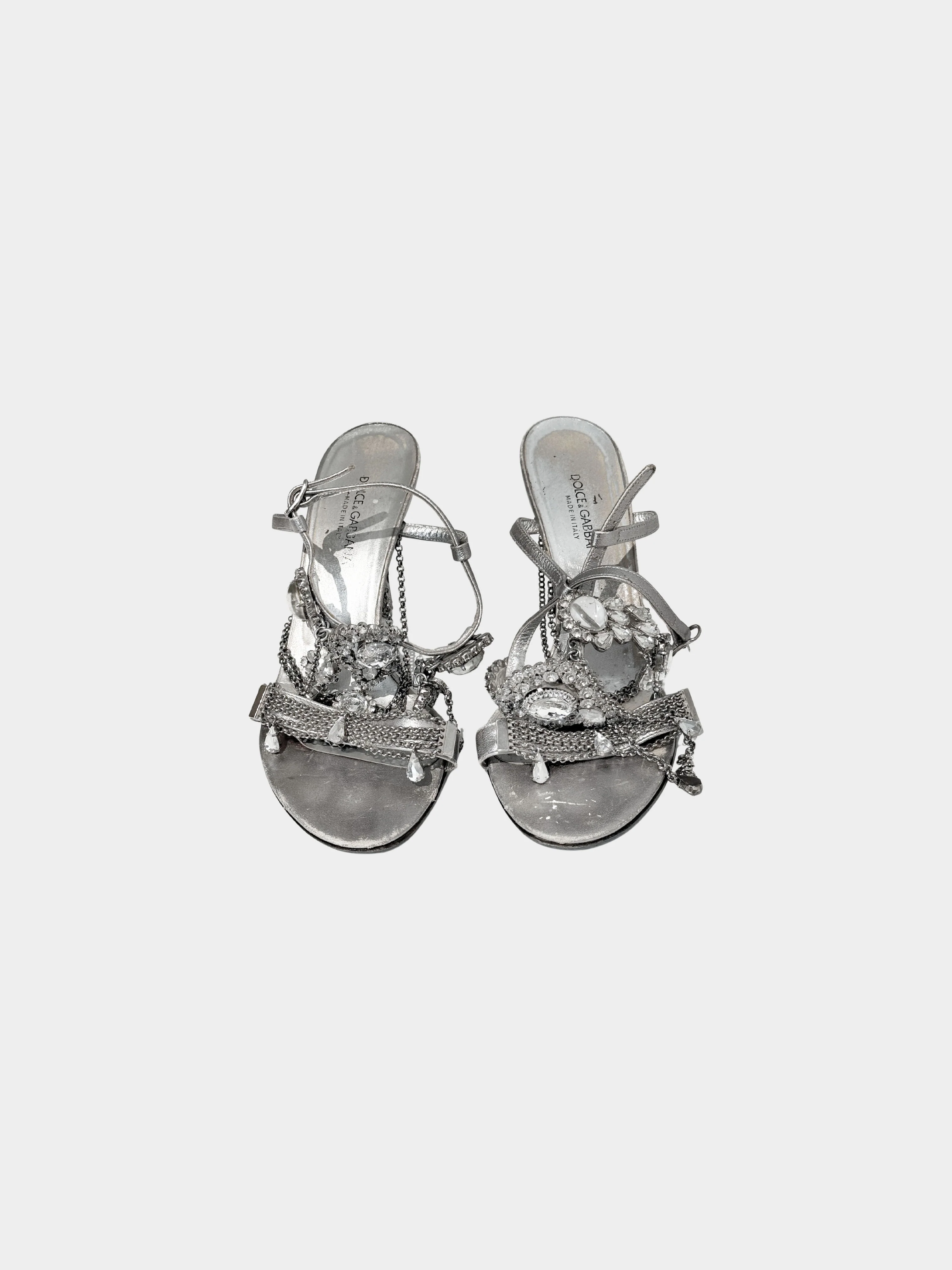 Dolce and Gabbana 2000s Metallic Silver Leather Chain and Jeweled Heels - Image 2