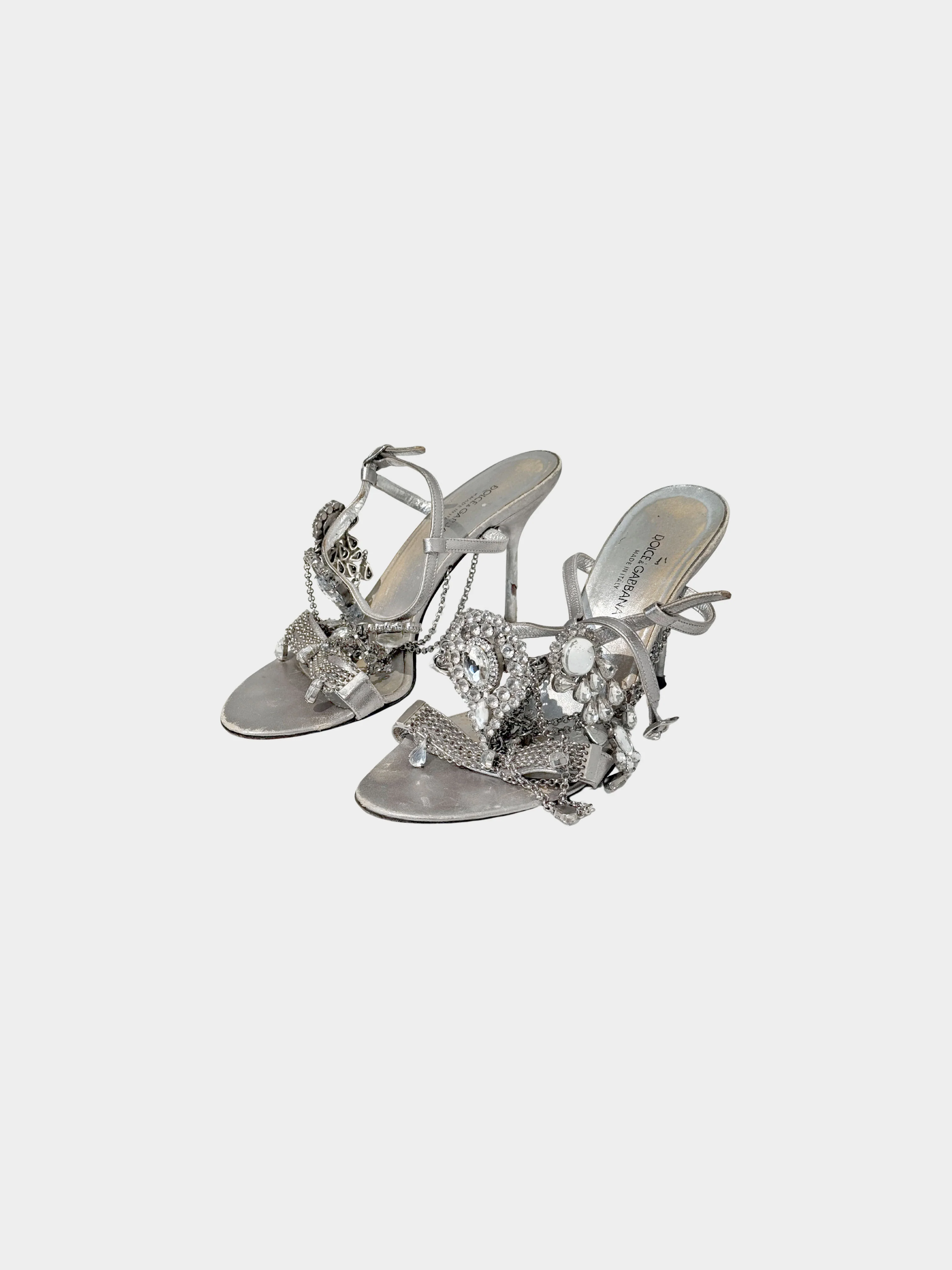 Dolce and Gabbana 2000s Metallic Silver Leather Chain and Jeweled Heels - Image 3