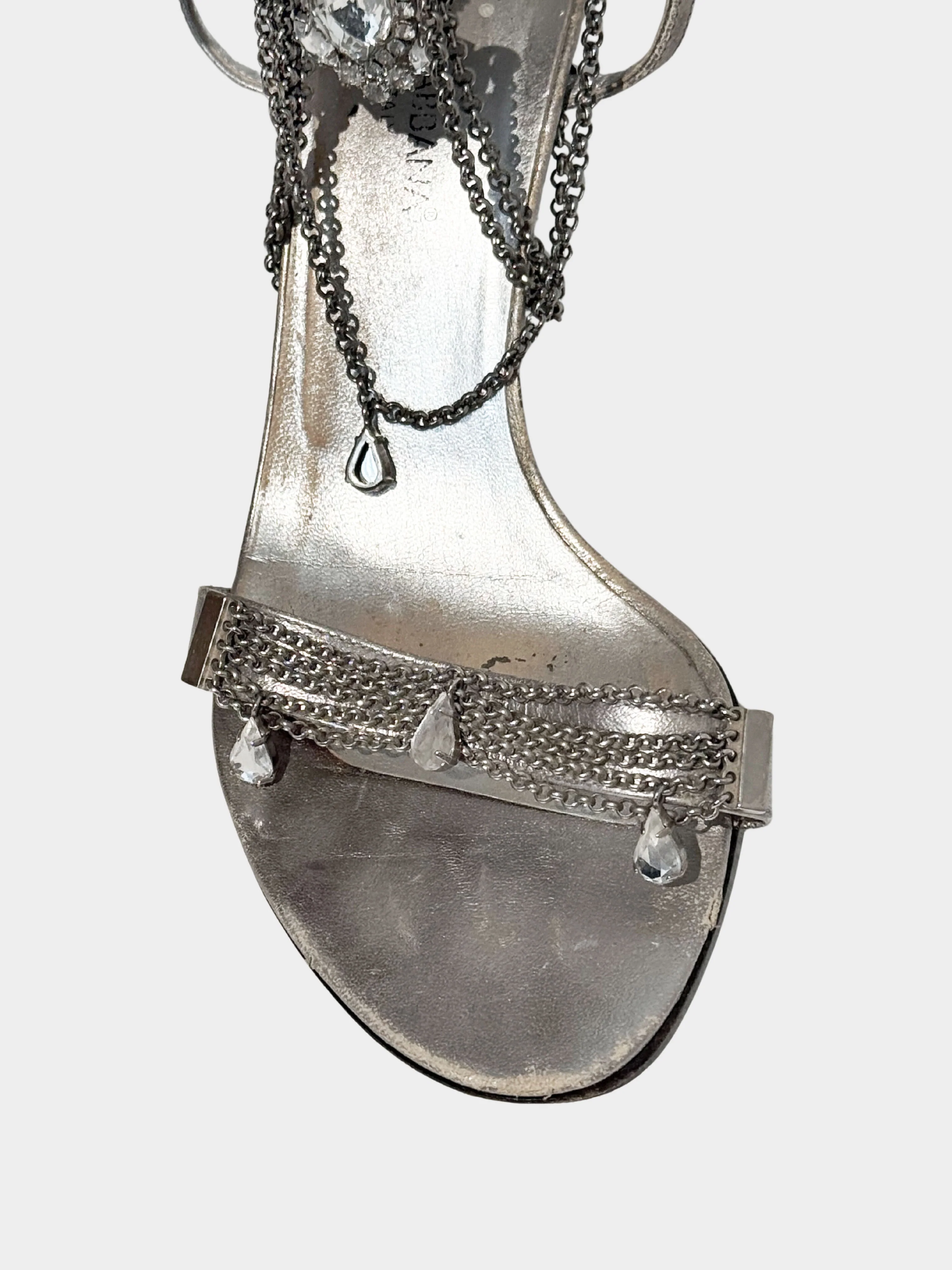 Dolce and Gabbana 2000s Metallic Silver Leather Chain and Jeweled Heels - Image 4