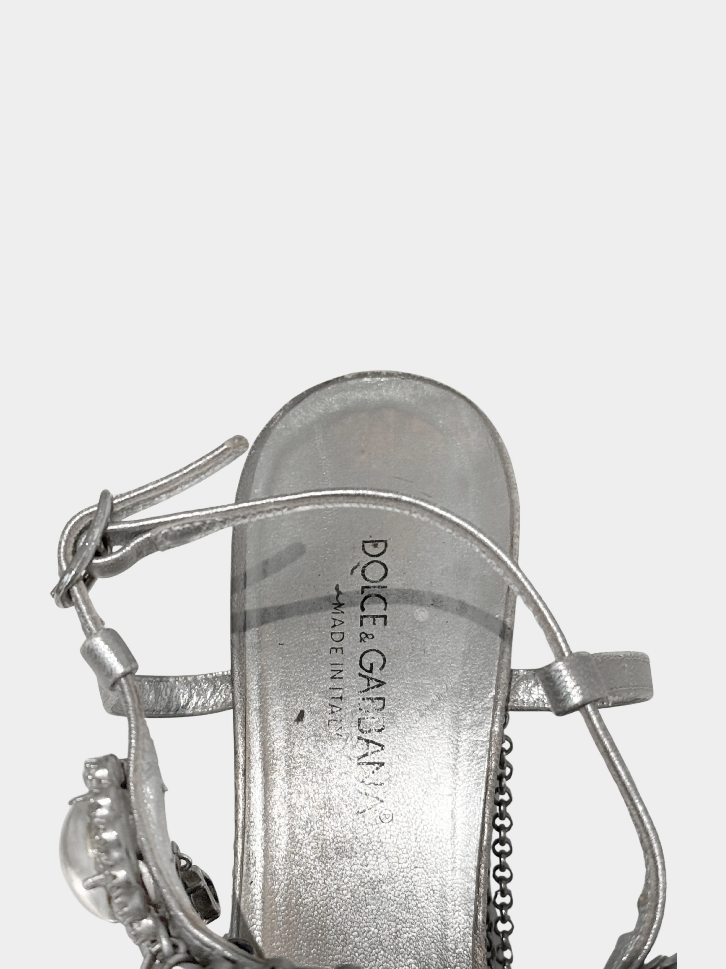 Dolce and Gabbana 2000s Metallic Silver Leather Chain and Jeweled Heels - Image 5