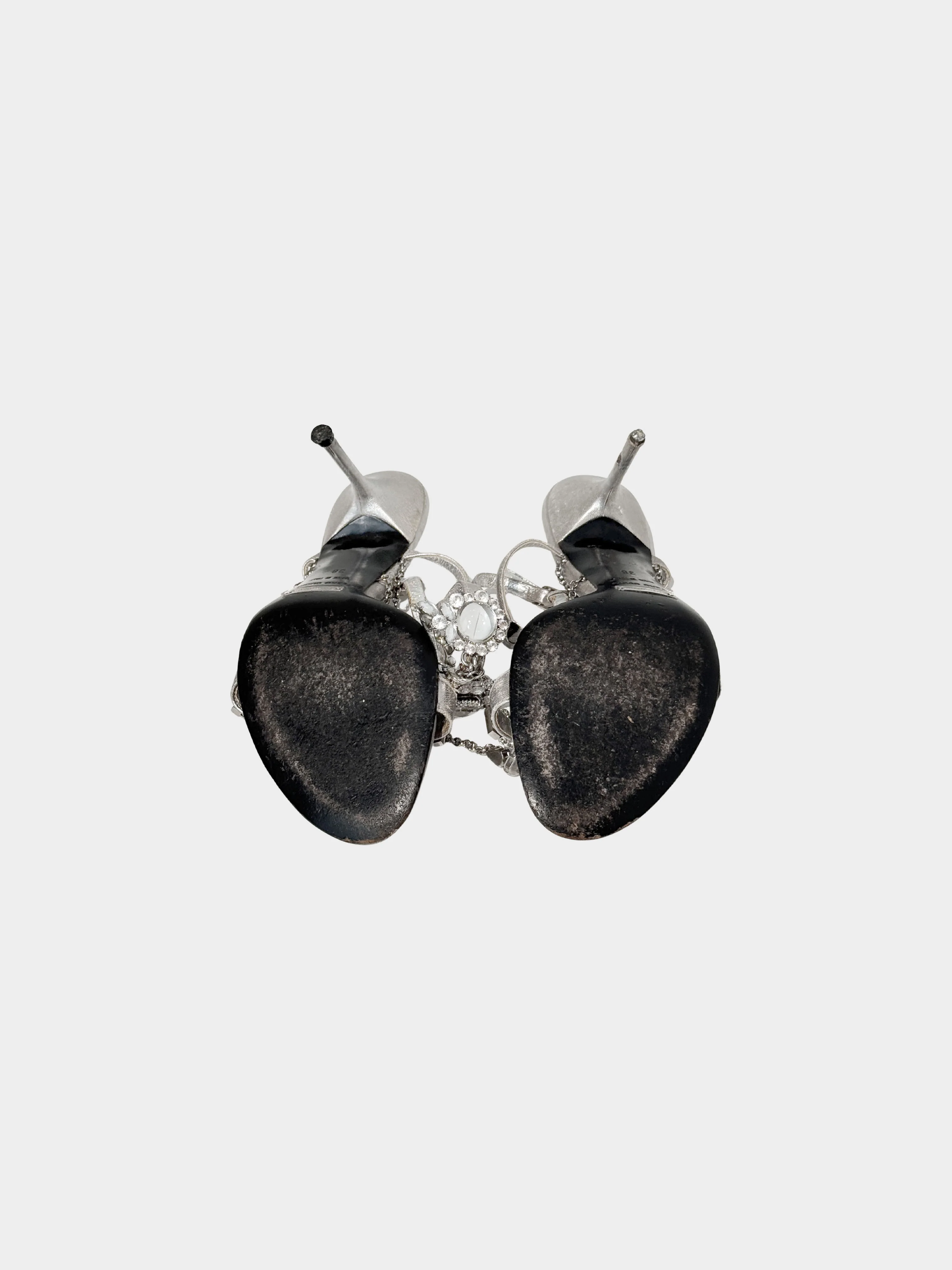 Dolce and Gabbana 2000s Metallic Silver Leather Chain and Jeweled Heels - Image 6