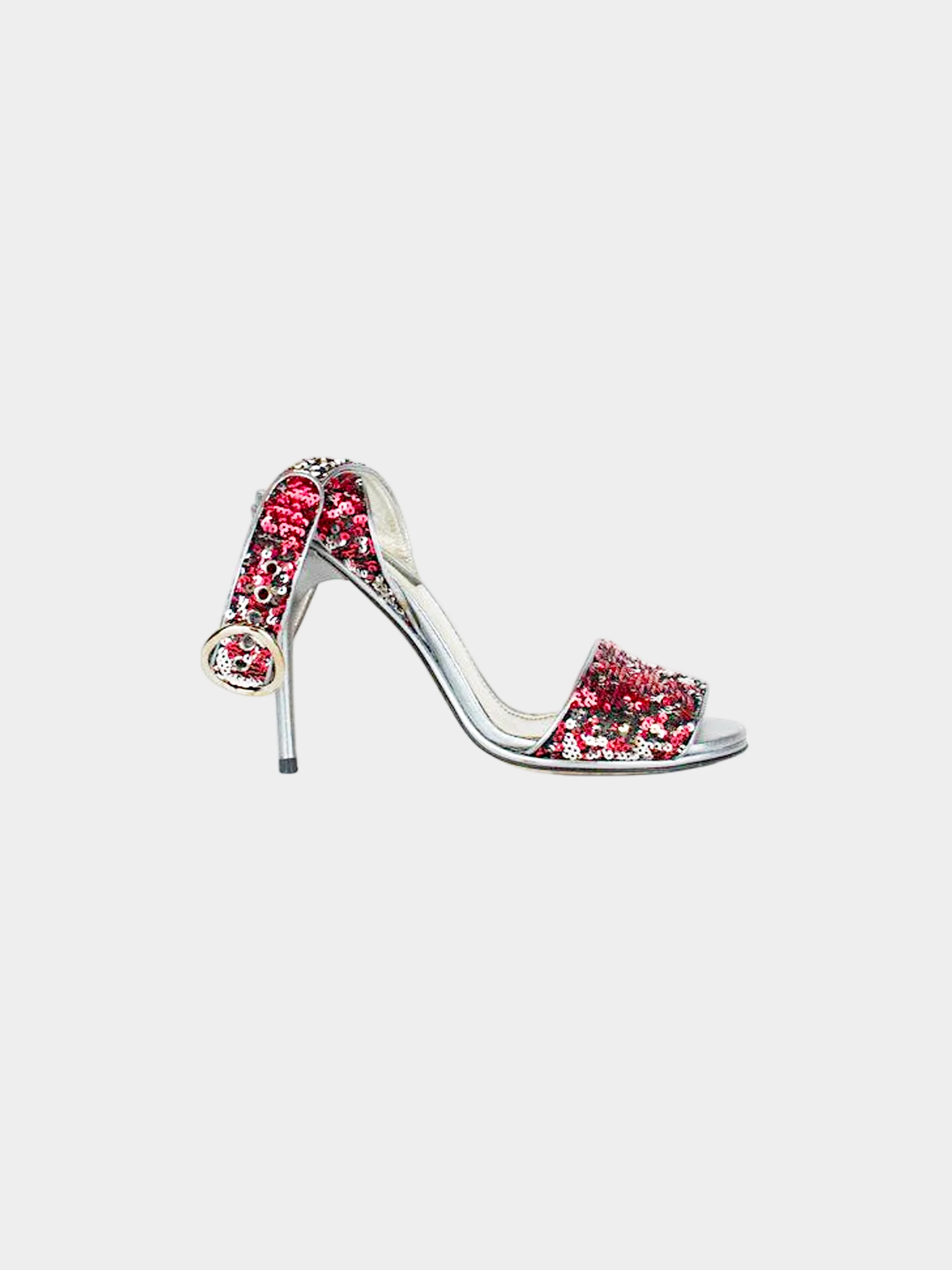 Dolce and Gabbana 2000s Silver Metallic Leather and Pink Sequins Heels
