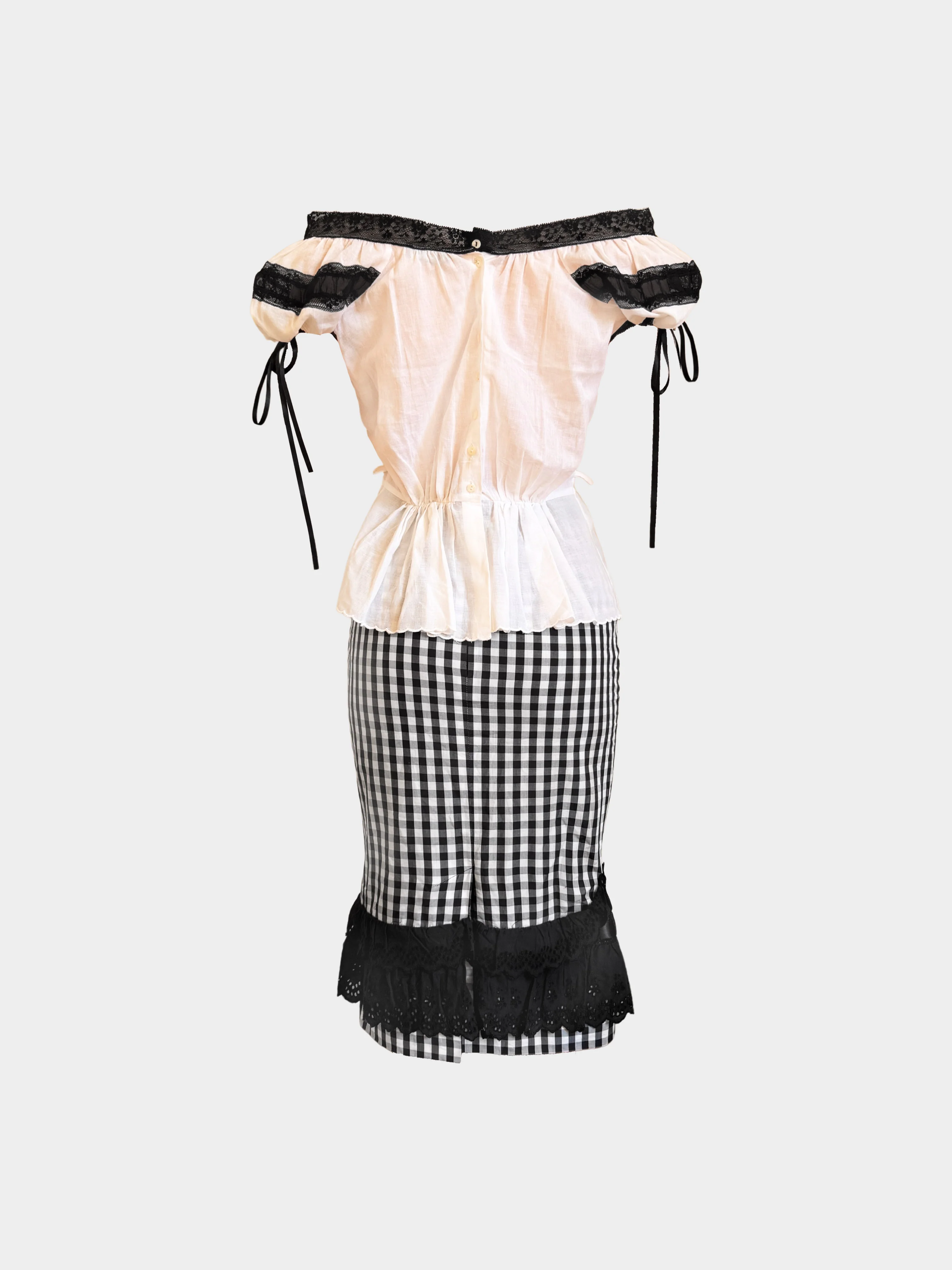 Dolce and Gabbana SS 2006 White and Black Lace Trim and Check Print Top and Skirt Set - Image 2
