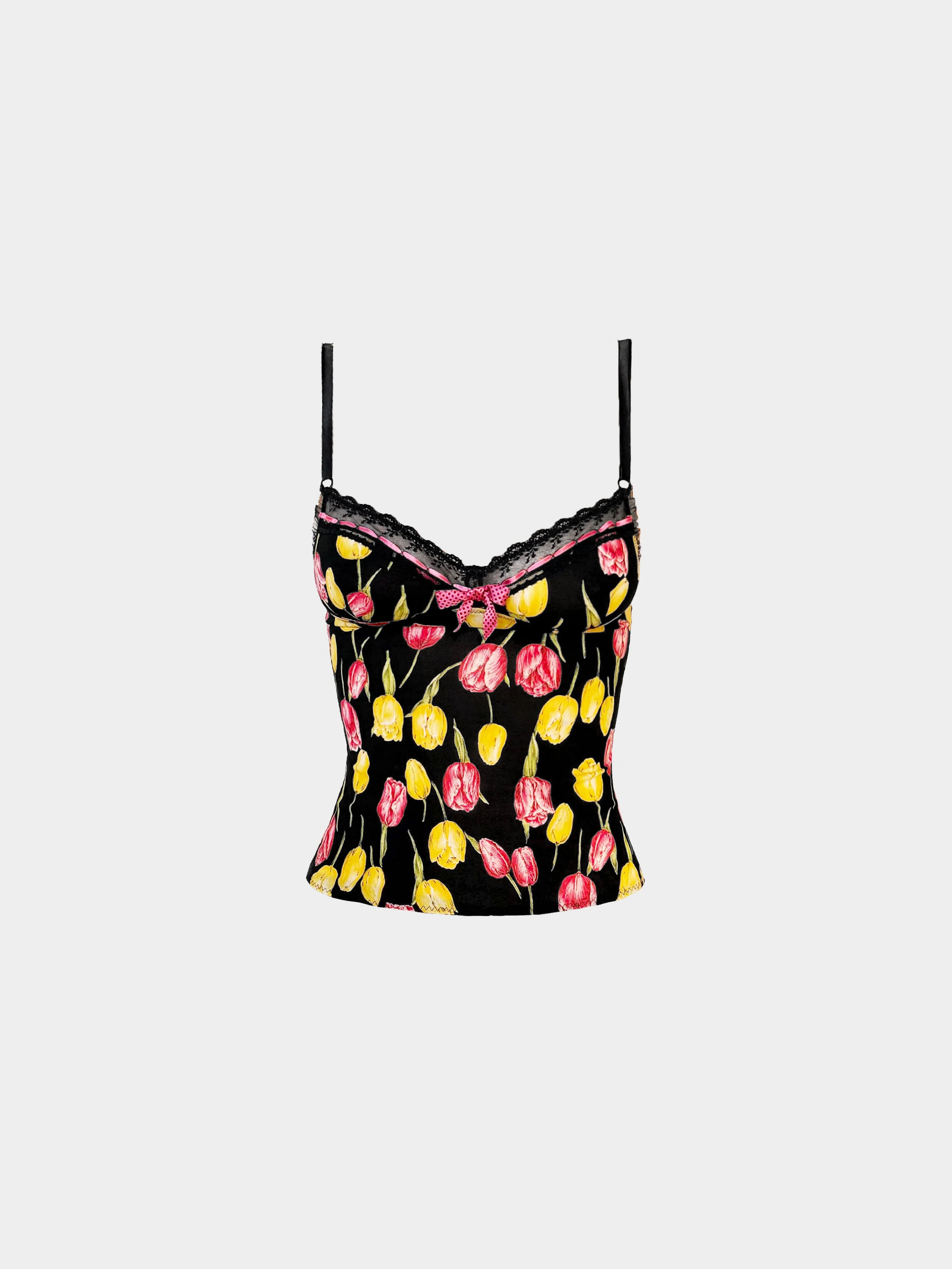 Dolce and Gabbana 2000s Yellow and Pink Tulips Printed Silk Cami Top