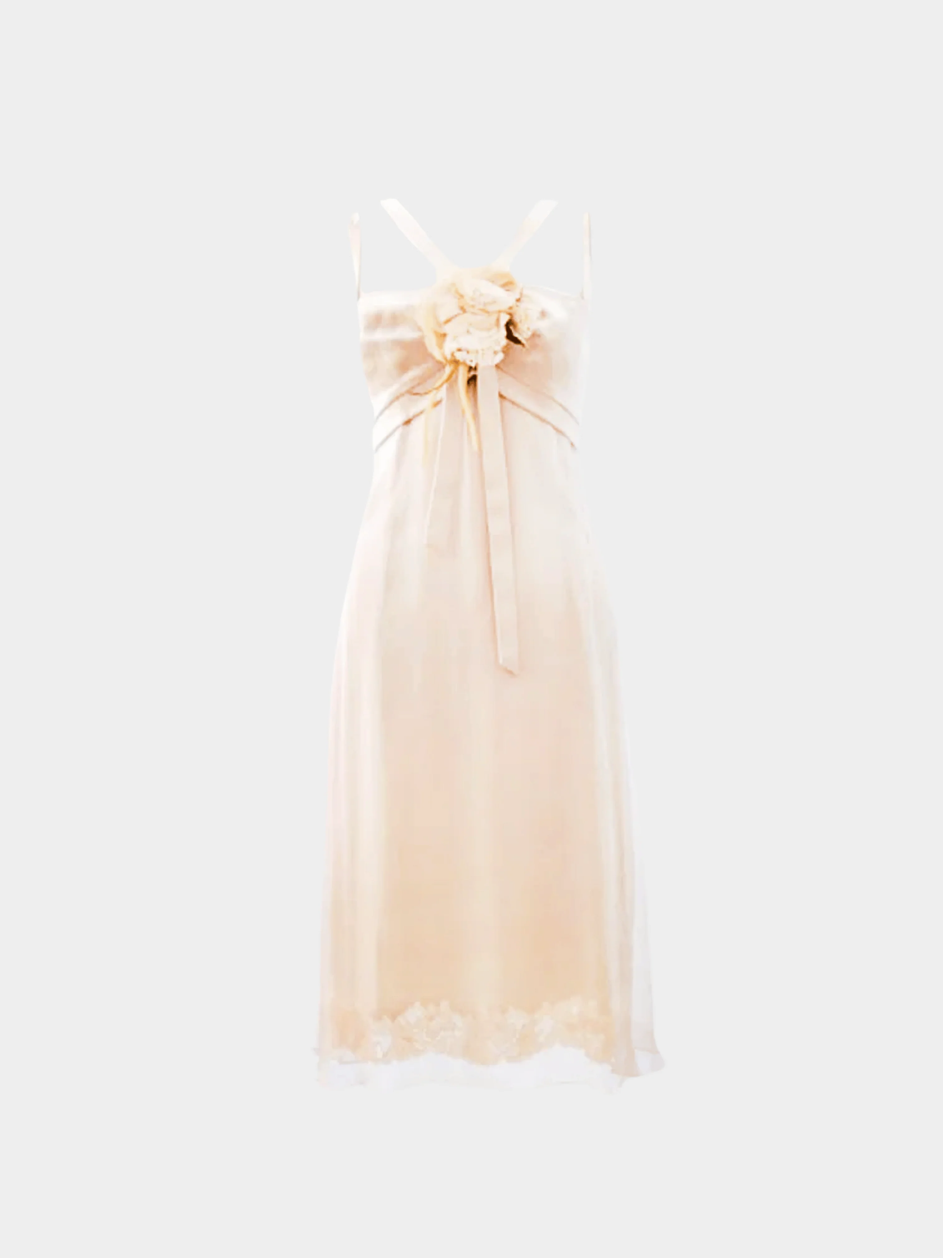 Dolce and Gabbana 2003-2004 Beige Silk Floral Detail Evening Dress