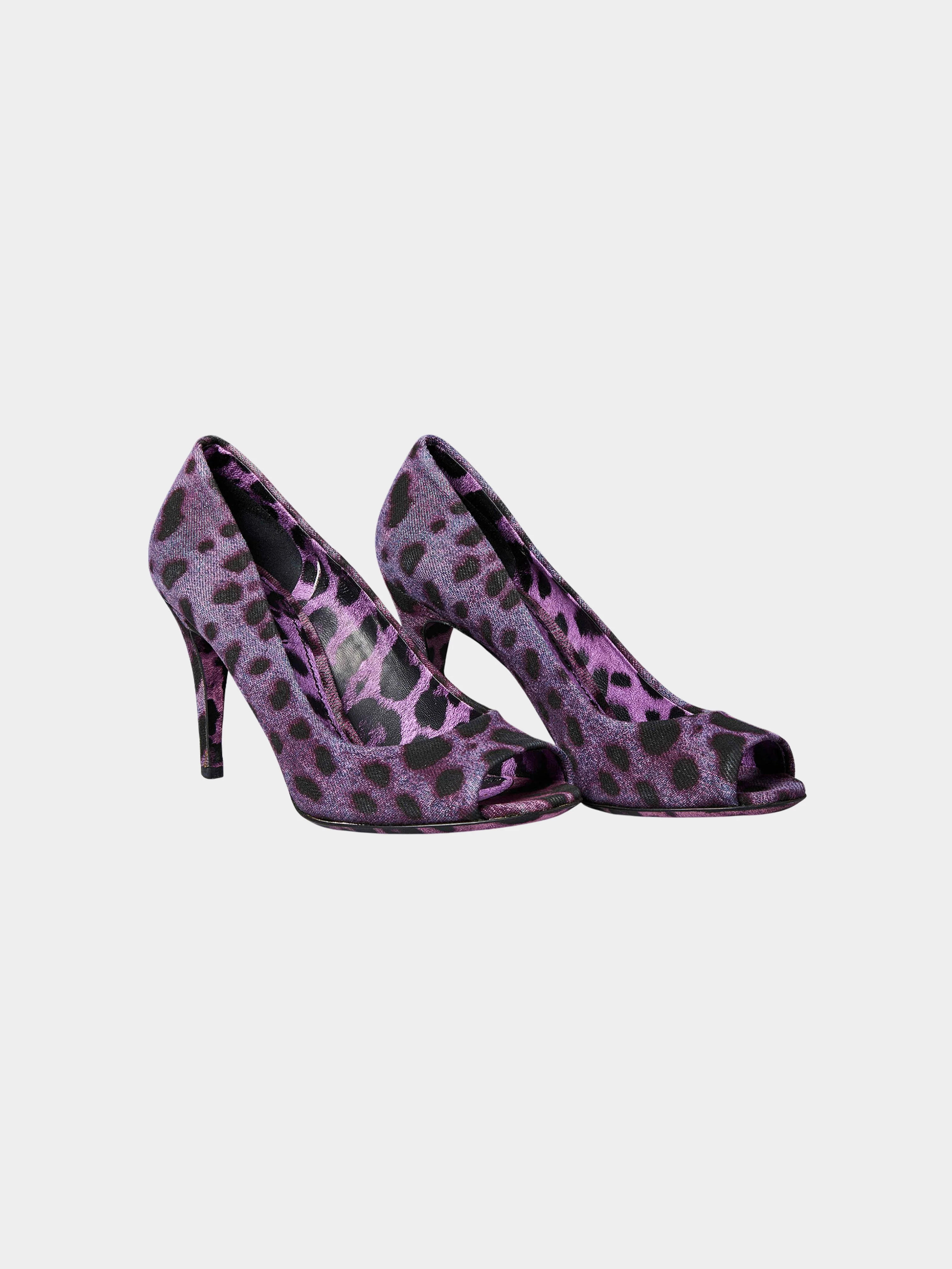 Dolce and Gabbana 2010s Purple Leopard Denim Style Canvas Peep-toe Pumps - Image 2