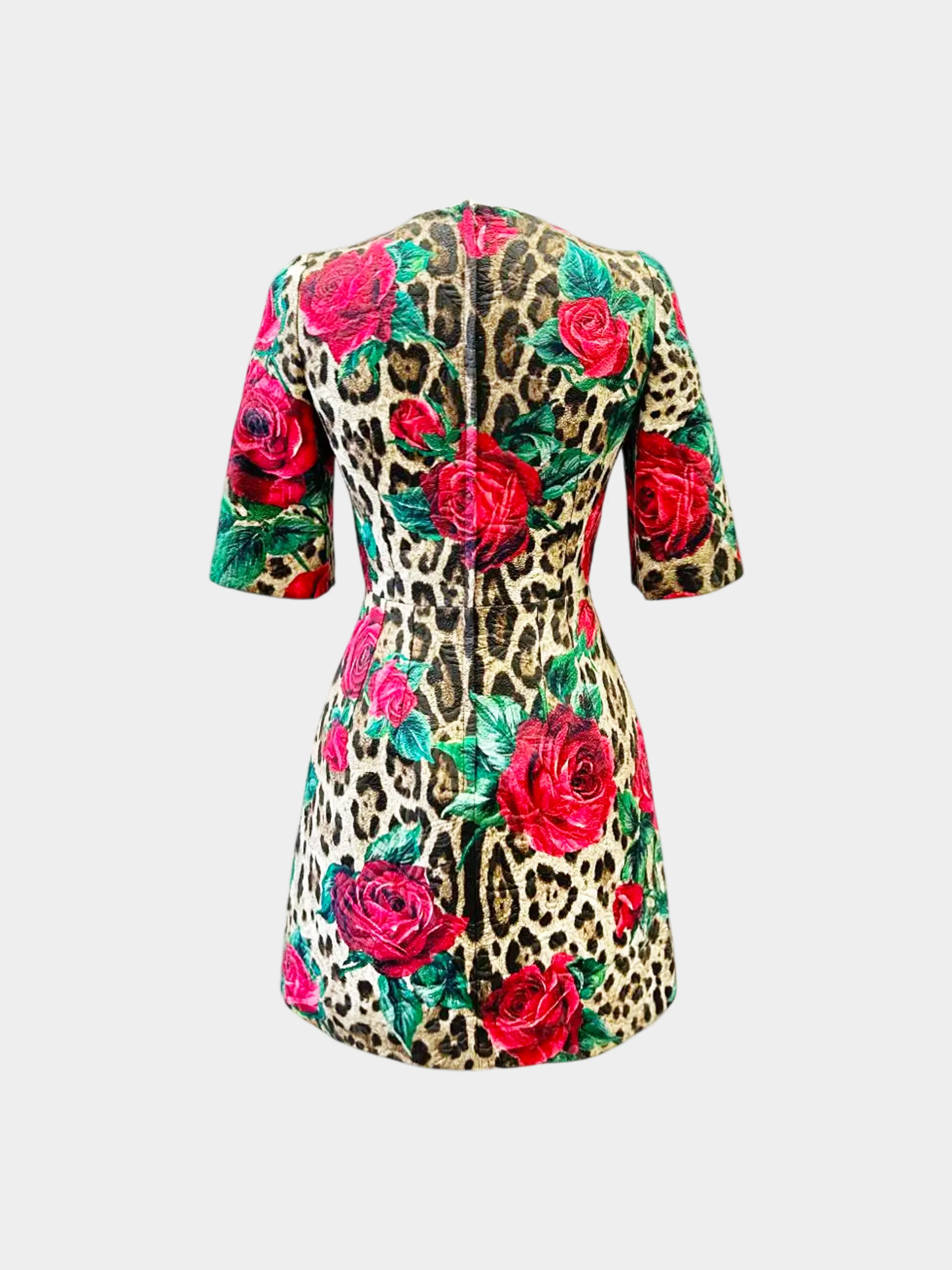Dolce and Gabbana 2019 Leopard and Roses Brocade Print Dress - Image 2