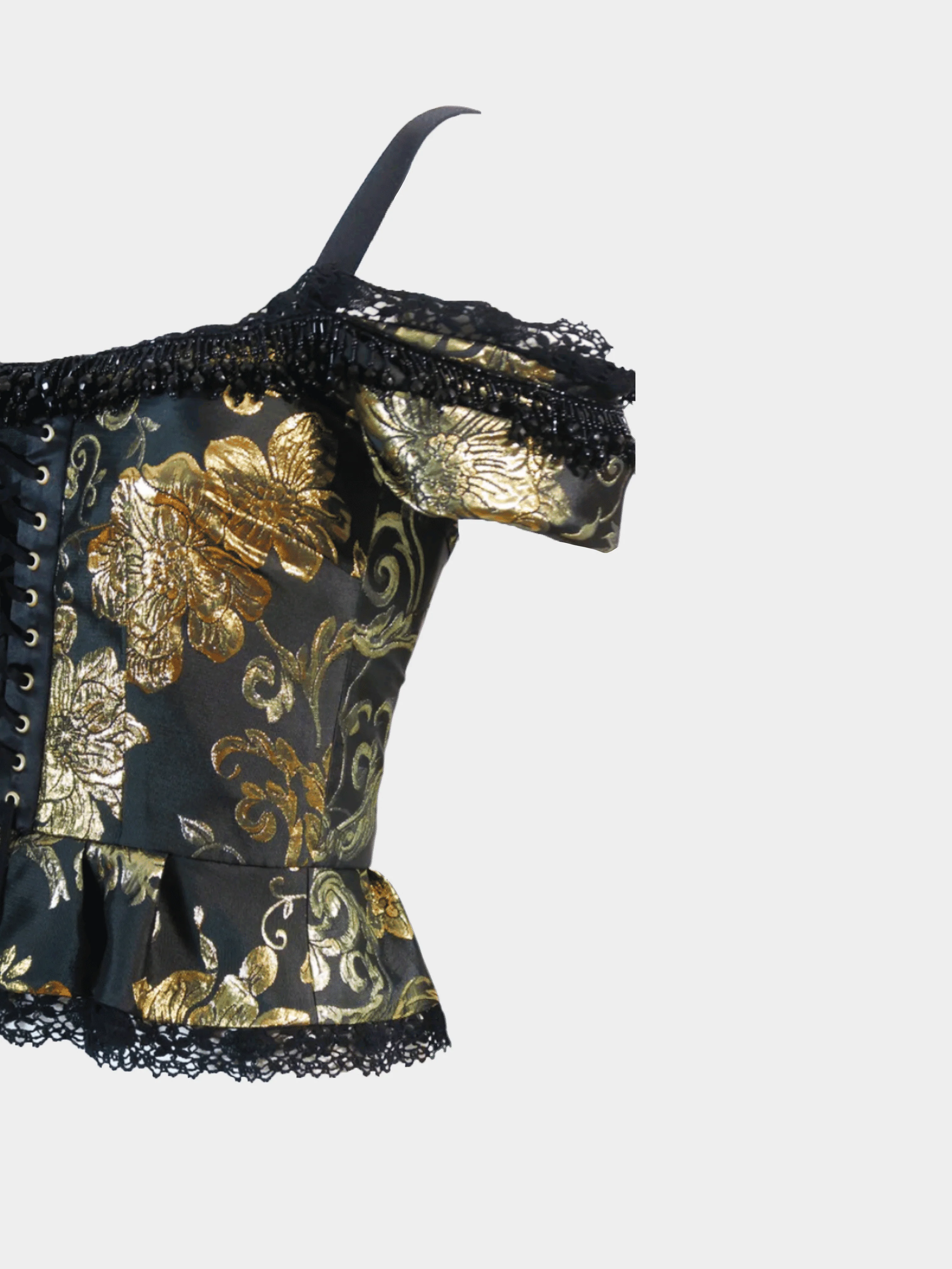 Dolce and Gabbana FW 2017-2018 Runway Black and Gold Jacquard Bead Detail Off Shoulder Corset Top - Image 3