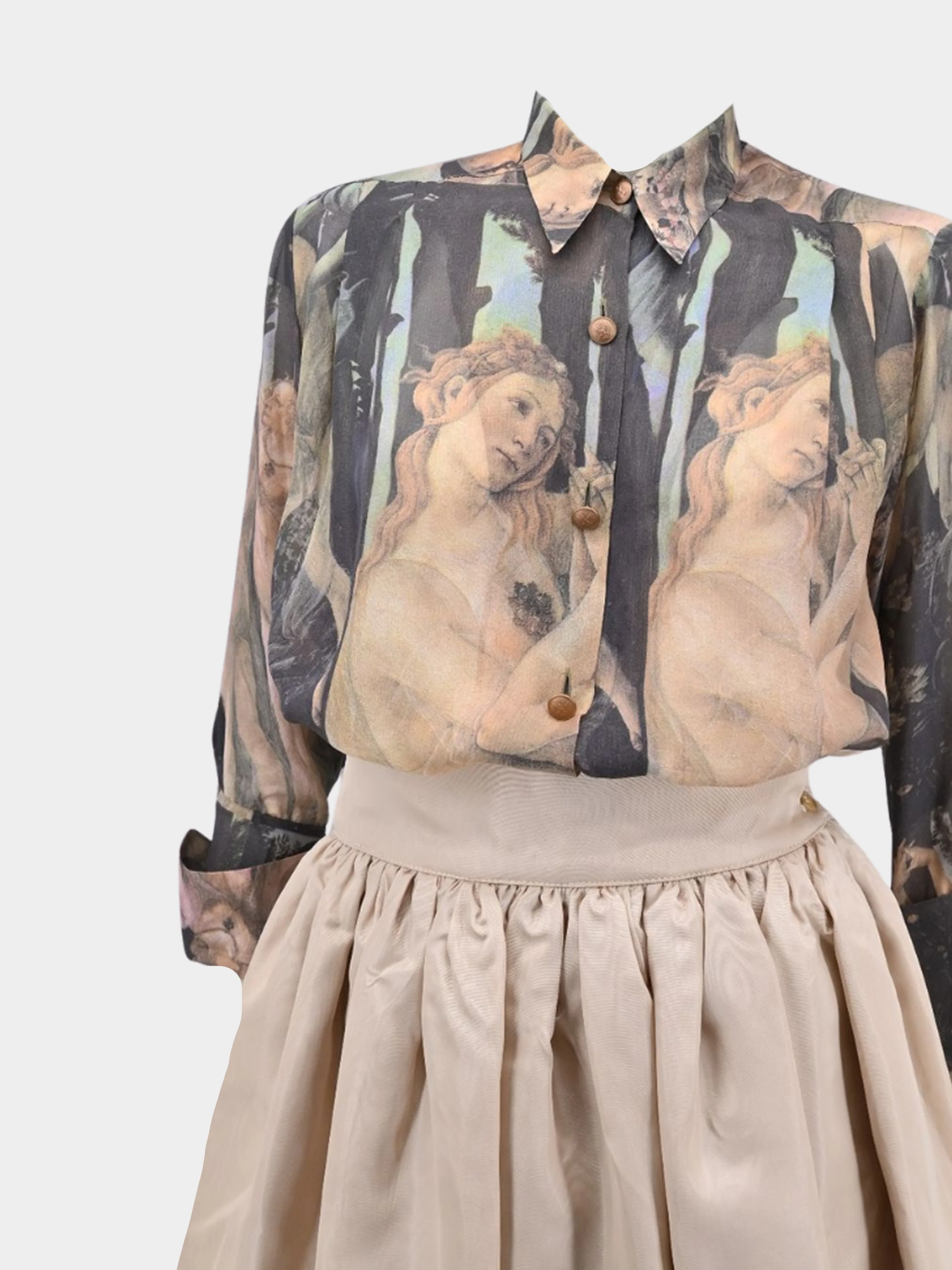 Dolce and Gabbana SS 1993 Printed Crepe Chiffon Button Down and Beige Skirt Set - Image 3